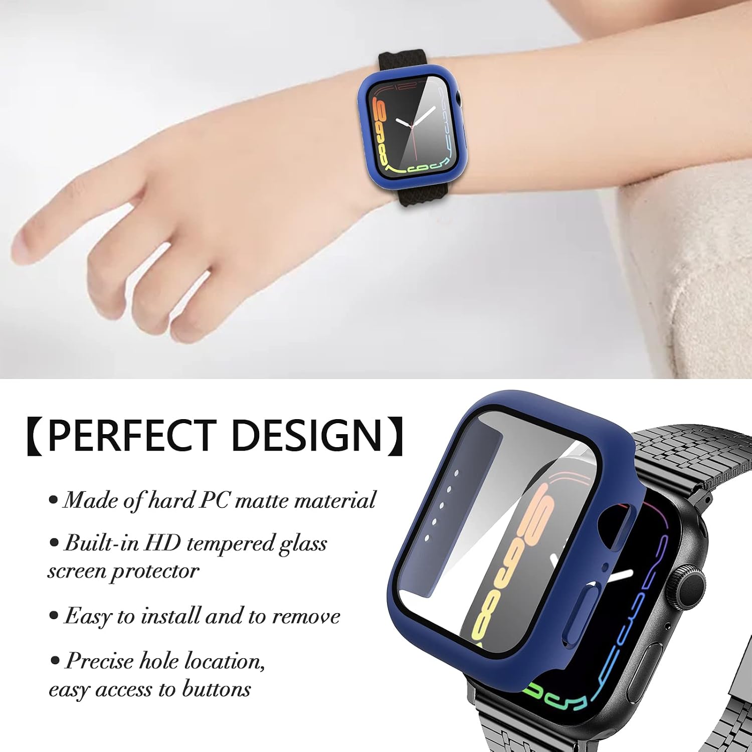 Wugongyan Case Compatible with Apple Watch Series 8/7 41mm 45mm Screen Protector Slim Matte Hard PC Protective Case with Tempered Glass Cover for iwatch 41mm 45mm (Midnight Blue, 45mm)