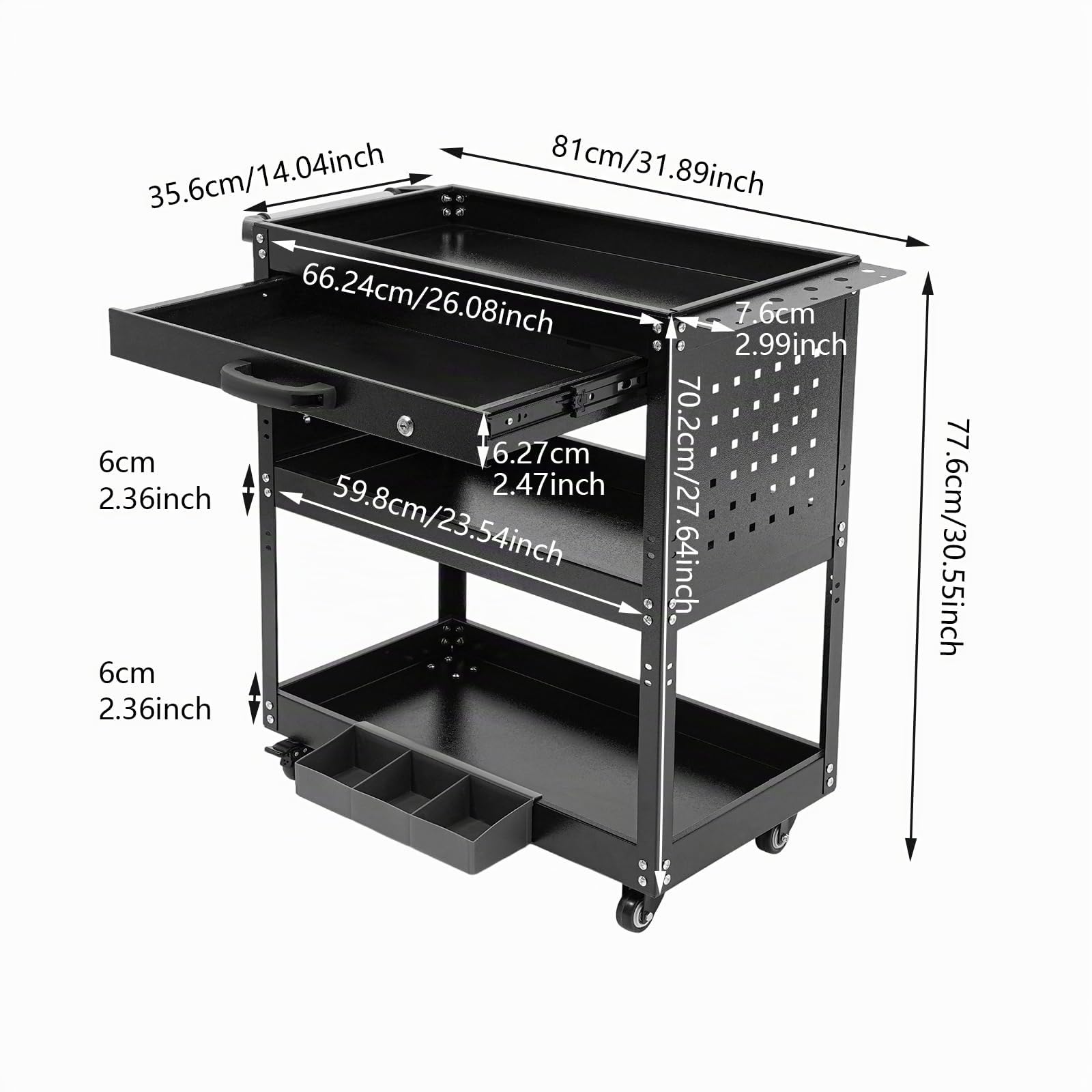 Carro de herramientas de 3 niveles, capacidad de carga de 150 kg, carro de taller con caja de almacenamiento y llaves, carro de herramientas móvil, para mantenimiento de coches, garajes, estudios, etc