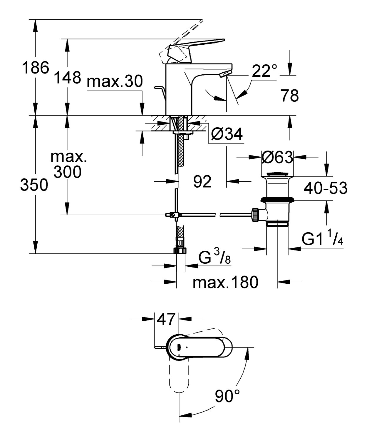 GROHE Eurosmart Cosmopolitan armatura łazienkowa, drążek ciągnący, standardowa wylewka ES 2337700E