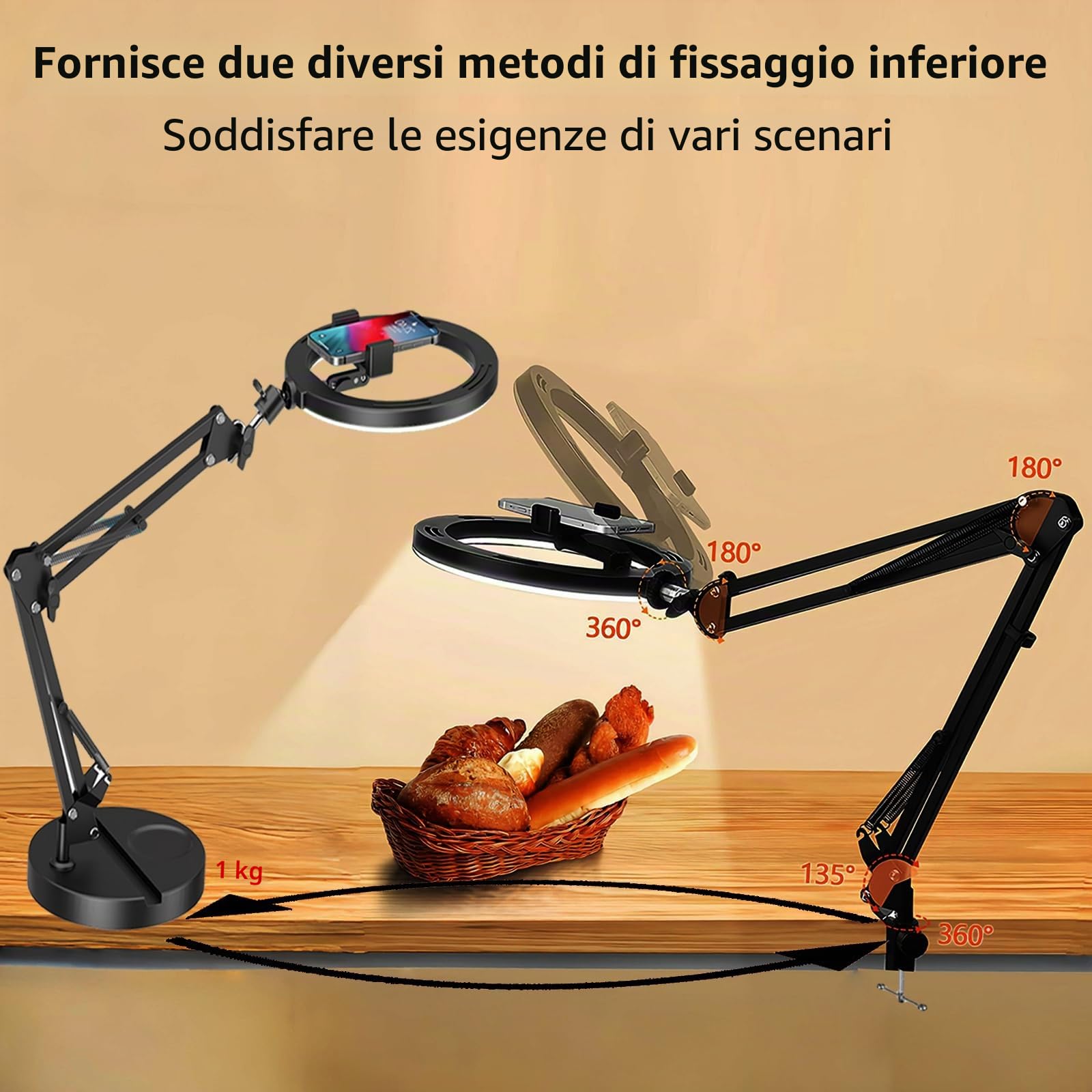 10'' Ring Light con Supporto per Telefono Con Due Basi, Luce ad Anello con Regolabile Supporto Cellulare, Ring Light professionale Dimmerabile per Video/TikTok/YouTube(Senza Telecomando)