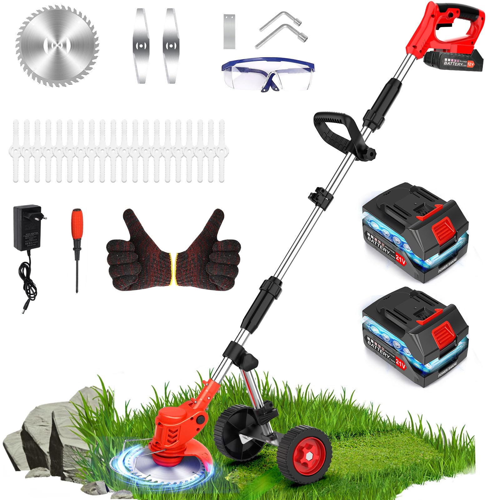 Desbrozadora Bateria 21V, Desbrozadora Electrica con 2 Baterías, Corte de 40 Minutos, Ruedas Ajustables, 3 Cuchillas, Mango Ajustable, Tubo Telescópico, Cabezal Pivotante 90° para Jardín Poda