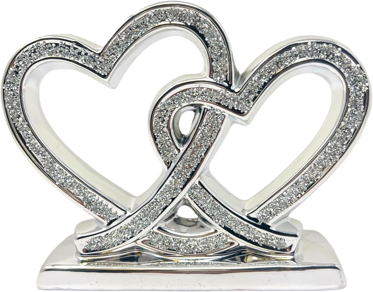 Segoy Silver Crushed Diamond Double Heart Love Ornament For Home, Office, Living Room And Other Decor, Glitter Heart Tabletop Centrepiece