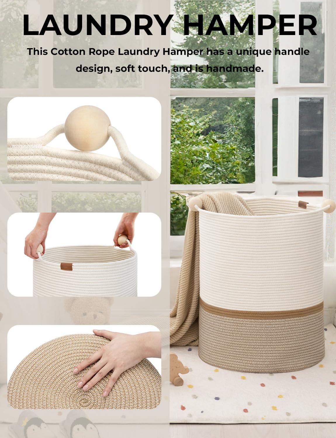 StorageWorks 72L Cotton Rope Laundry Basket with Wooden Beads Handles, Woven Basket for Storage, Dirty Clothes, Kids Toys, Towels, White & Khaki