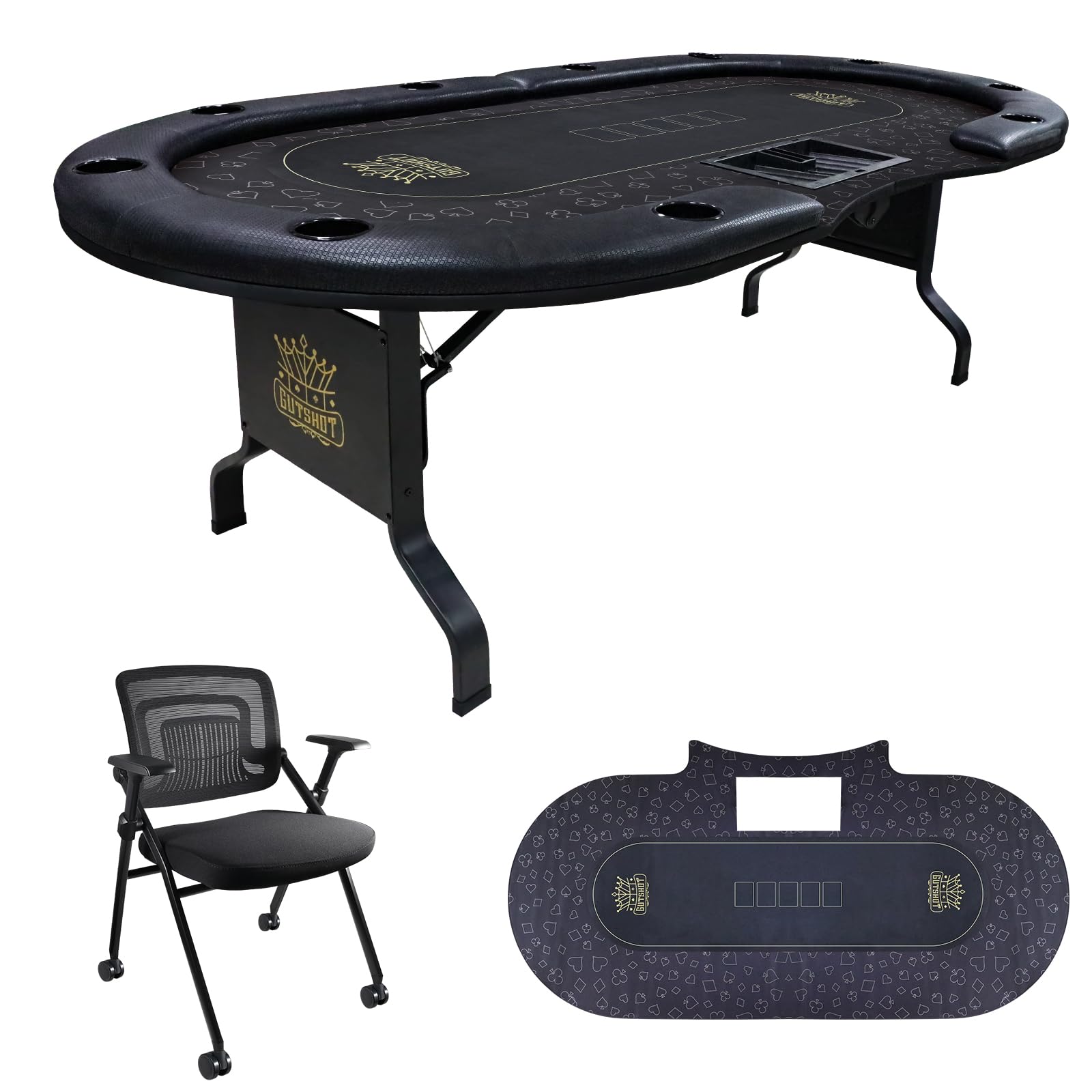 GUTSHOT Foldable Poker Table for 10 Players with 10 Chairs and an Additional Mat- Soft-Padded Armrest, Individual Cup Holders, Portable Mat - Long-Lasting Poker Table
