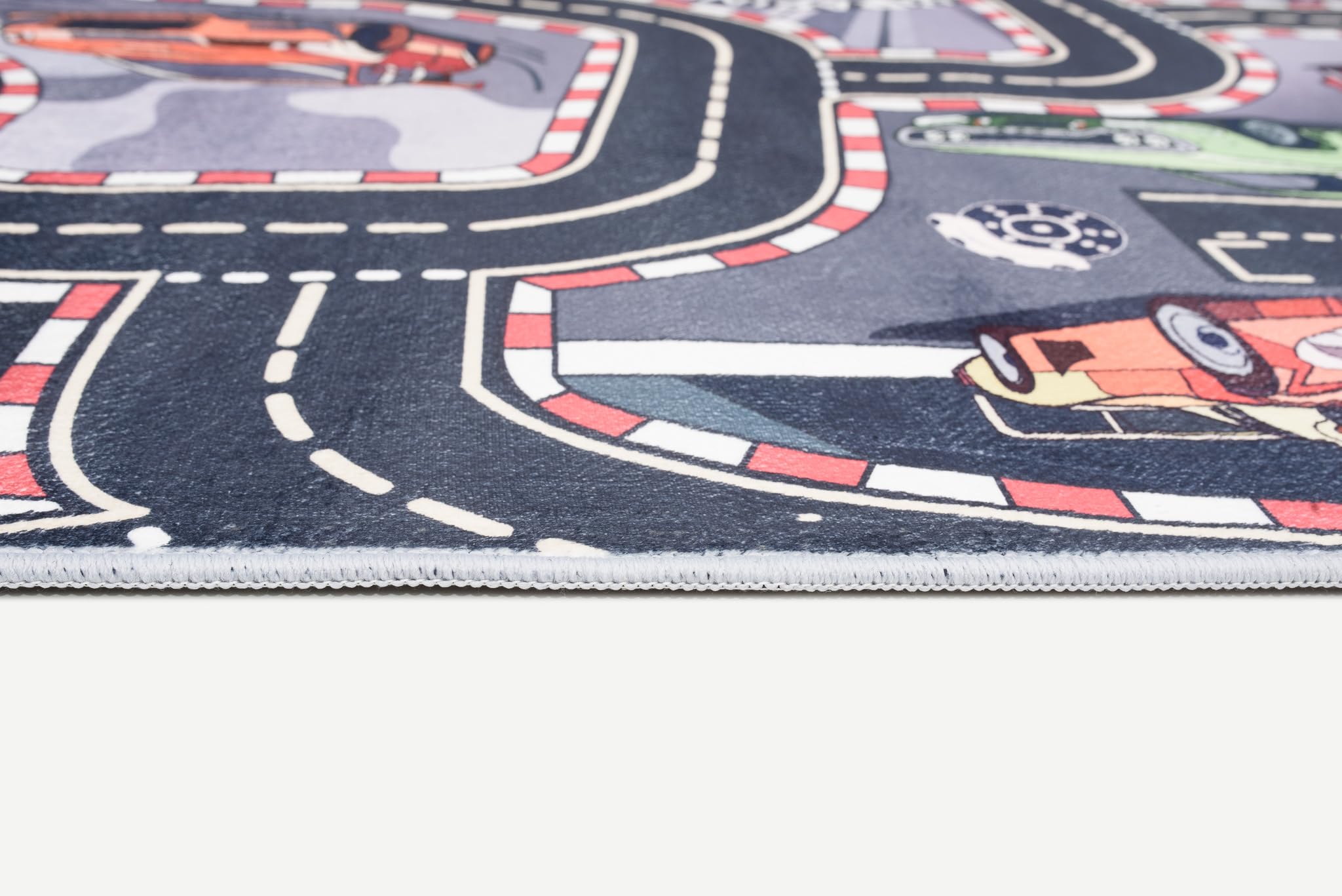 TAPISO Flannel Tapis Chambre Enfant Bébé Fille Garçon Antidérapant Lavable Gris Bleu Orange Tapis de Jeux Circuit Route Course de Voitures Poils Ras Oeko-TEX Résistant 120 x 170 cm