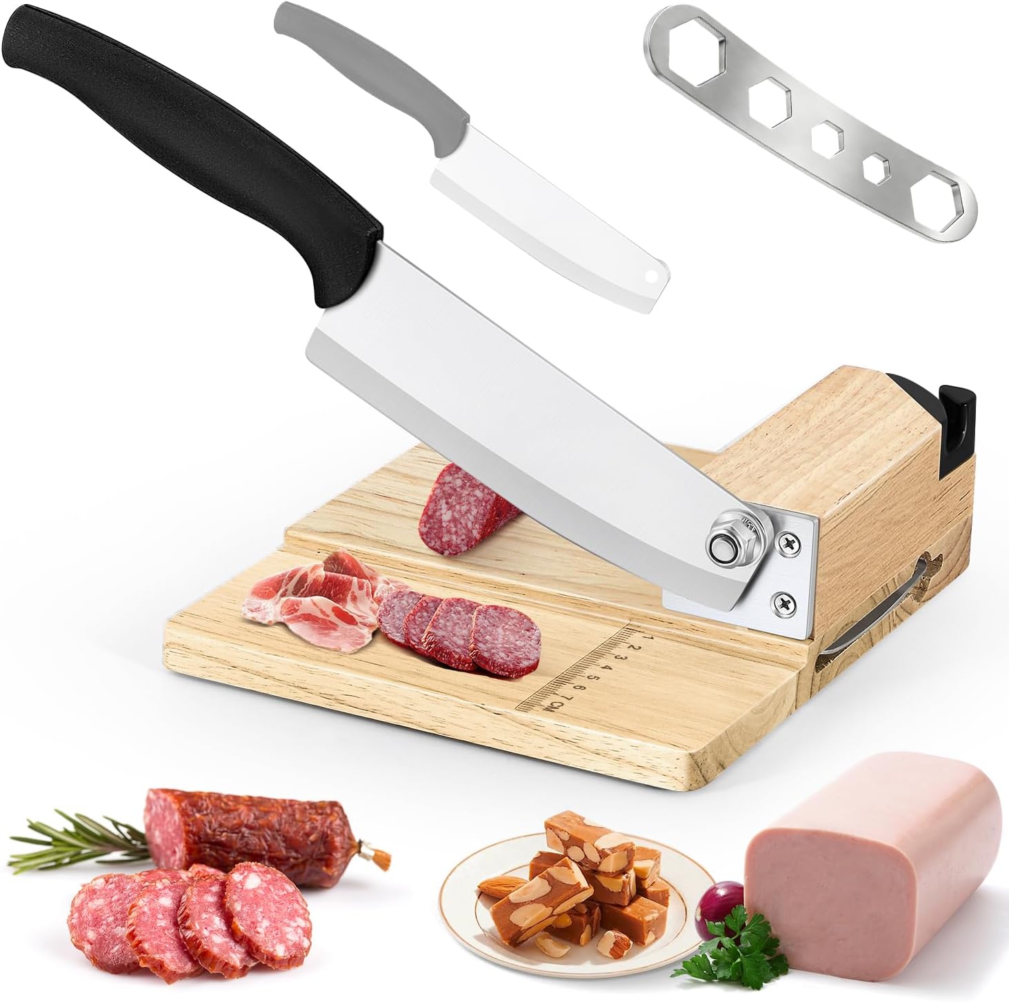 Moongiantgo Biltong Slicer Jerky Slicer Cutter with Built-in Knife Sharpener Detachable Knife Rubber Wood Base for Beef Jerky Deli Delicatessen Bacon Hard Fruits Vegetables Herb Ginseng Pastry