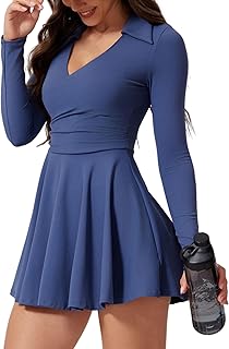 Womens Tennis Dress Polo Collar Long Sleeve A-line Mini Exercise Athletic Dresses with Pockets Shorts