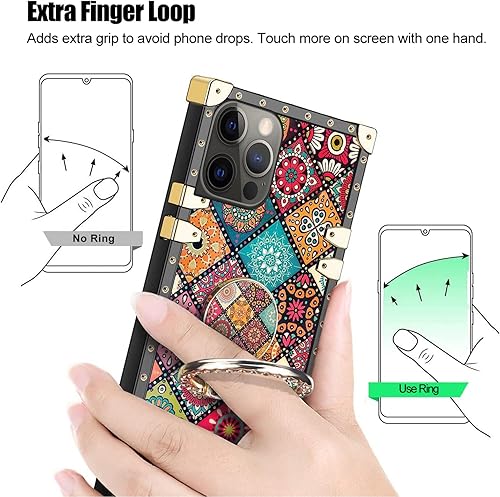 Miniatura 7 de Funda para iPhone 14 Pro (no 14 Pro Max), bonita funda cuadrada retro para niñas y mujeres con soporte de anillo, diseño de flores, esquinas