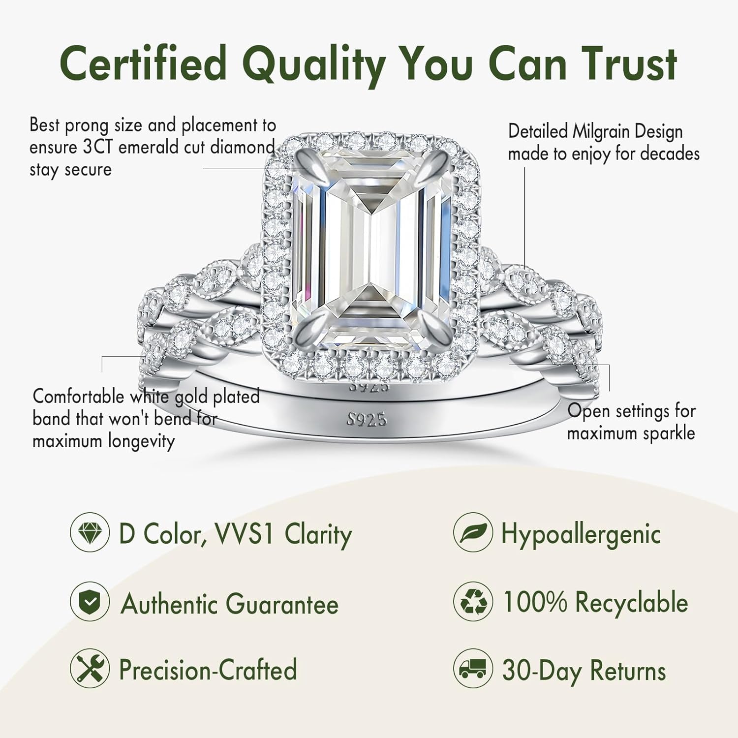 3CT Moissanite Engagement Ring Set for Women,D Color VVS1 Emerald Cut Halo Bridal Wedding Set, 925 Sterling Silver Promise Stackable Ring, Anniversary Birthday Gift, Size 5-10