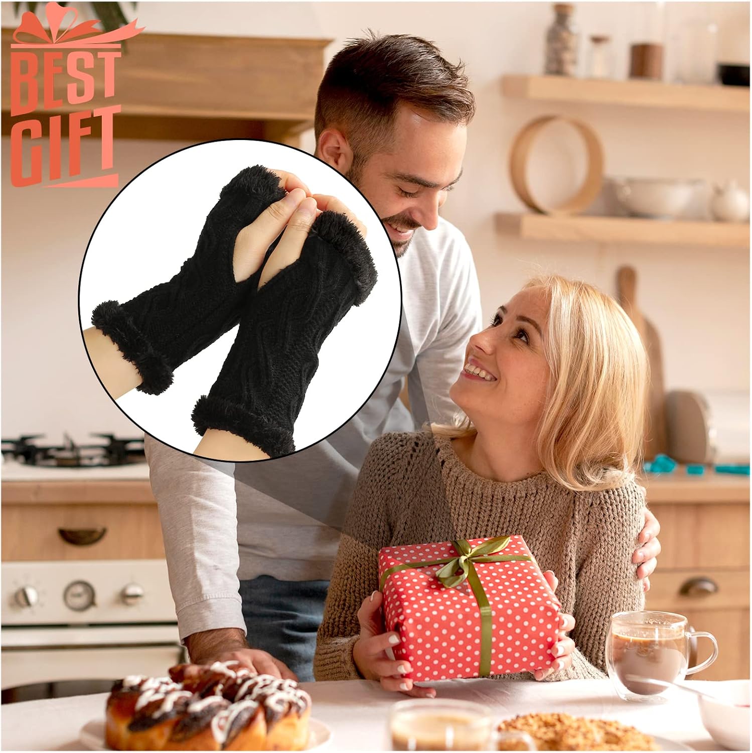 Fingerless Gloves for Women, Winter Warm Plush Arm Glove, Soft Knitted Arm Warmer Mitten with Thumb Hole for Outdoor