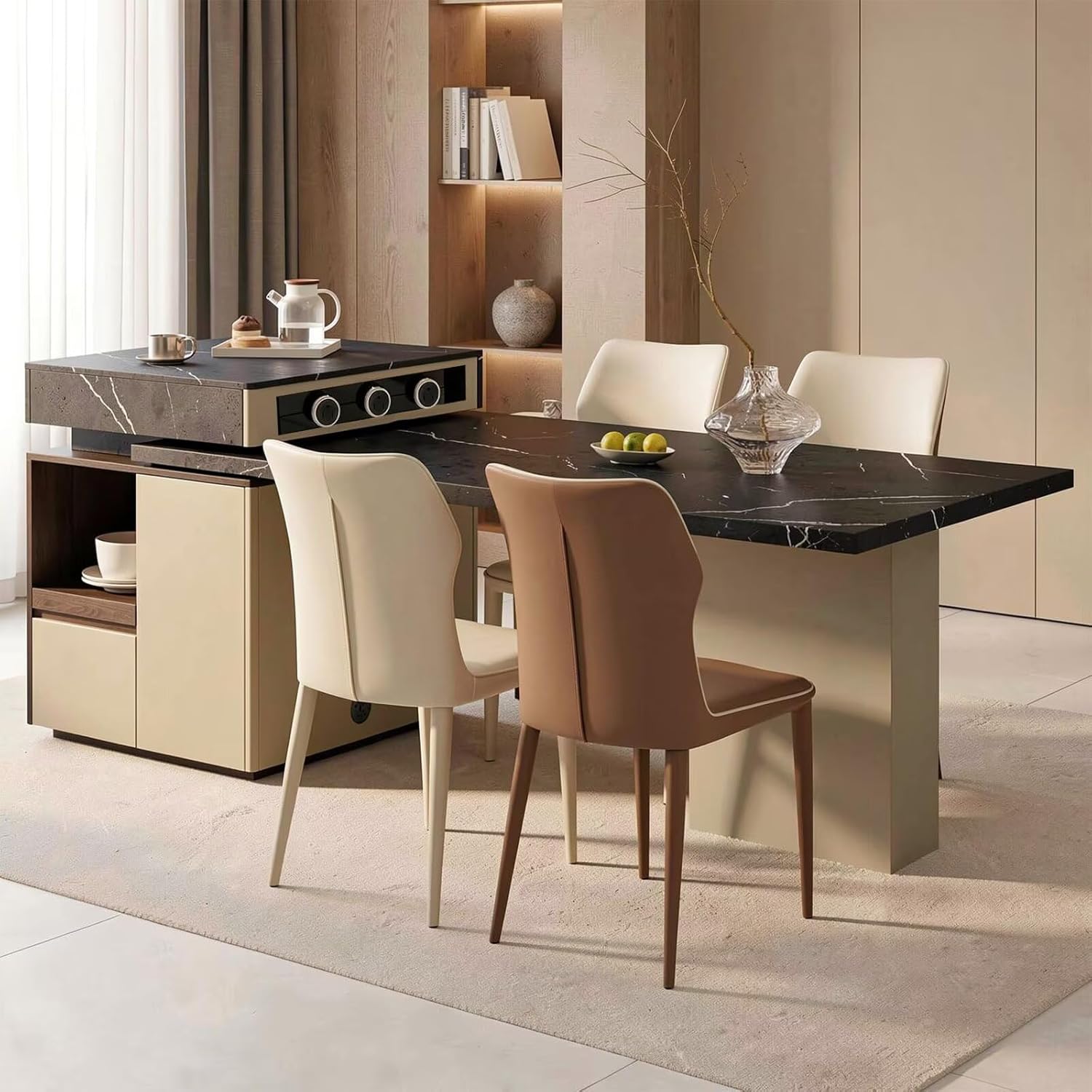Dinner Table, Modern Kitchen Island with Sintered Stone Top and Open Shelving, Extendable Dining Table for 2-4 People, with Power Outlet (66.93IN No Chairs)