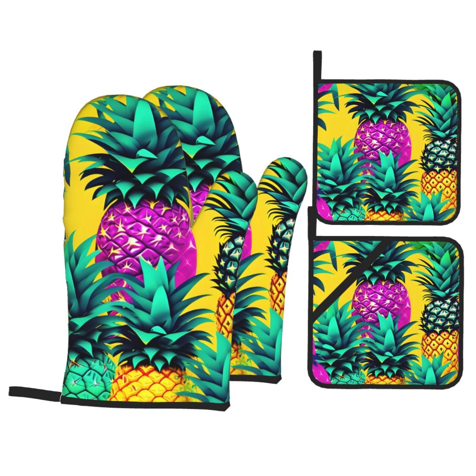 Colorful Pineapple Print 4-Piece Oven Microwaving Set Kitchen Gloves for Holiday Cooking Baking Grilling