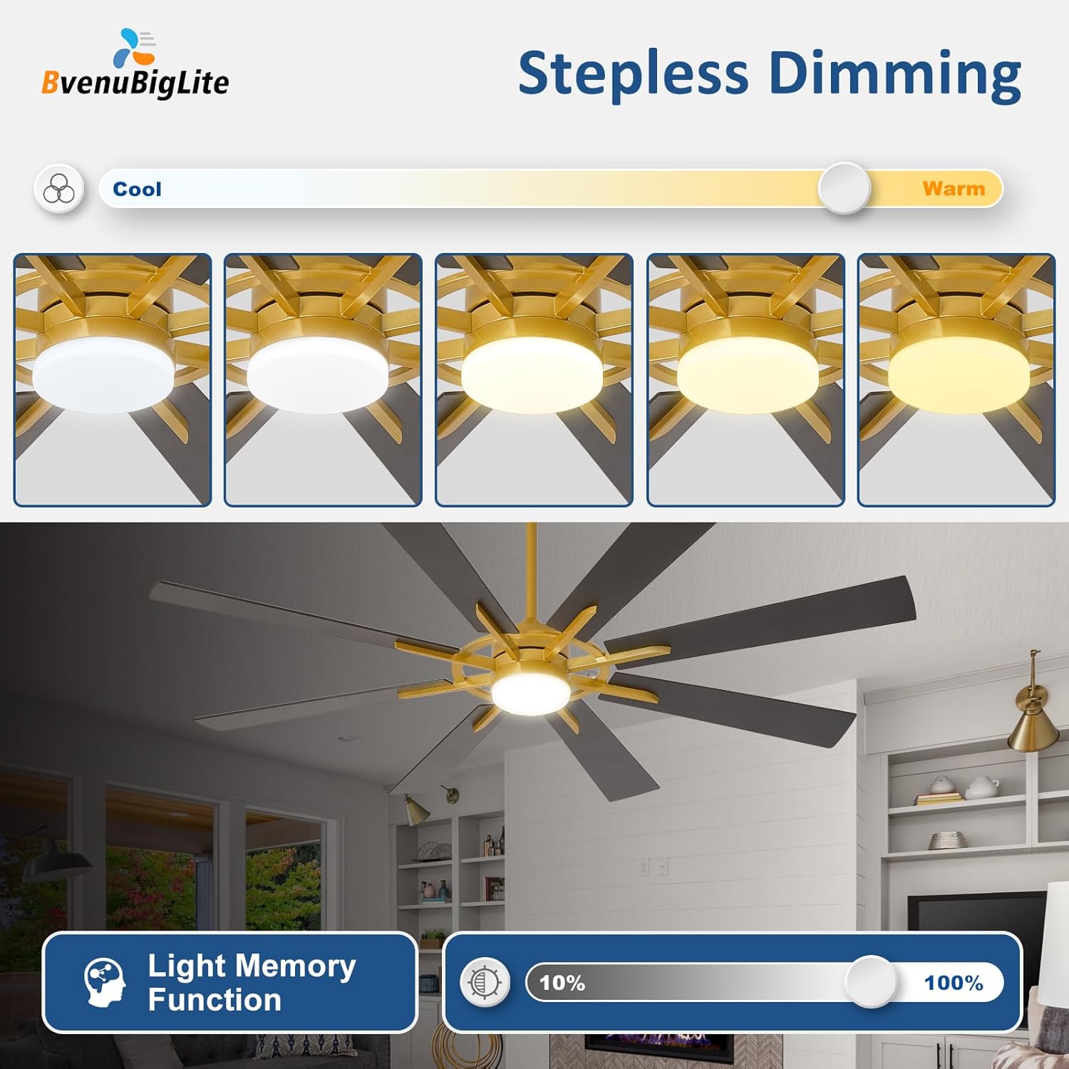 Large Ceiling Fans with Lights: Modern 66 Inch 8 Blade Outdoor Ceiling Fan with Remote APP Control - Dimmable Black Gold Big Fan light Indoor Reversible 6 Speed Quiet DC Motor thumbnail