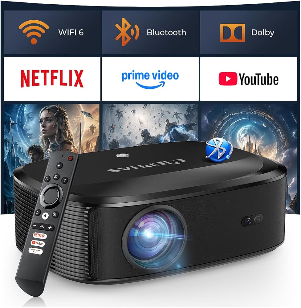 4K Projector with WiFi and Bluetooth for Home Cinema | ELEPHAS Outdoor Movie Projector Compatible with NETFLIX/Prime Video/YouTube, Smart Projector for HDMI/USB/iOS/Android