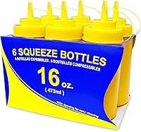 Vista 1 de Botellas compresibles New Star Foodservice 26528, de plástico, con tapa y escala, boca ancha, de 16 oz, amarillas, paquete de 6
