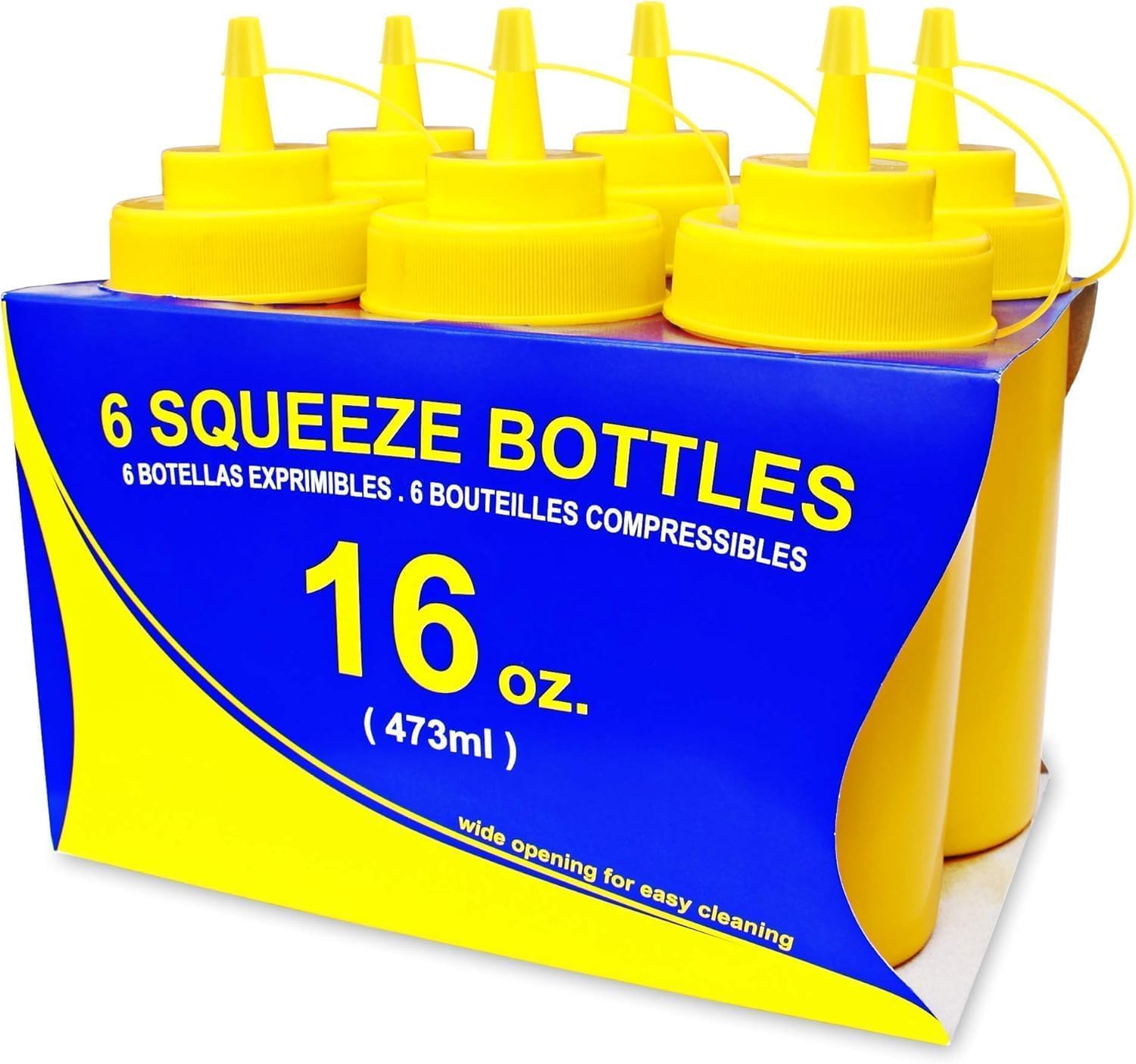 - New Star Foodservice 26528 Plastic Squeeze Bottles with Cap and Scale, Wide Mouth, 16 oz, Yellow, Pack of 6