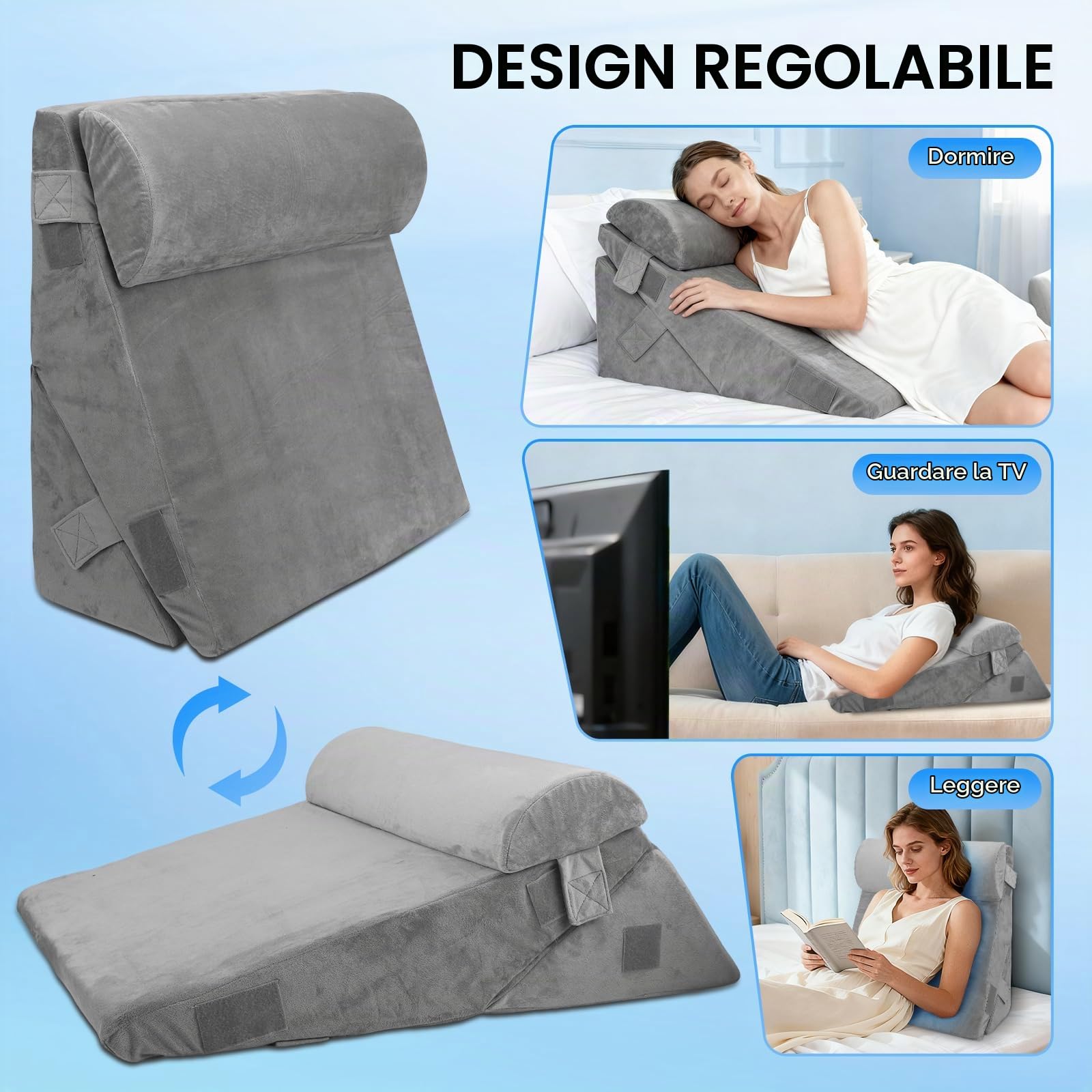 Cuscino a cuneo per letto e divano, cuscino da lettura a doppio strato in memory foam, cuscino a cuneo regolabile, cuscino ergonomico per gambe, cuscino per la schiena per giocare, leggere (grigio
