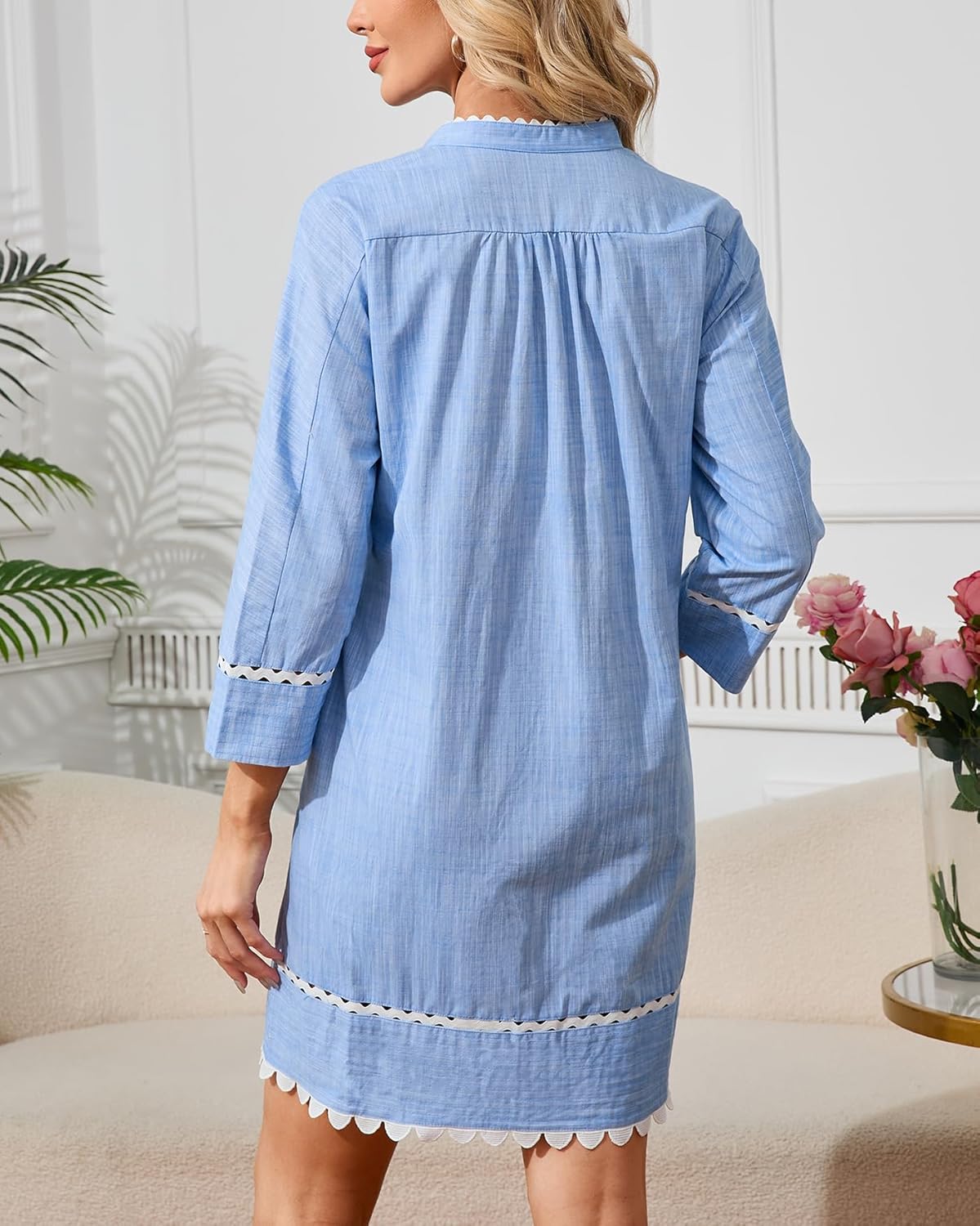 Women's Button Down Shirt Dress Fall 3/4 Sleeve Belted Tunic Casual Cotton Linen RIC Rac Trim Mini Dresses with Pockets - Image 5