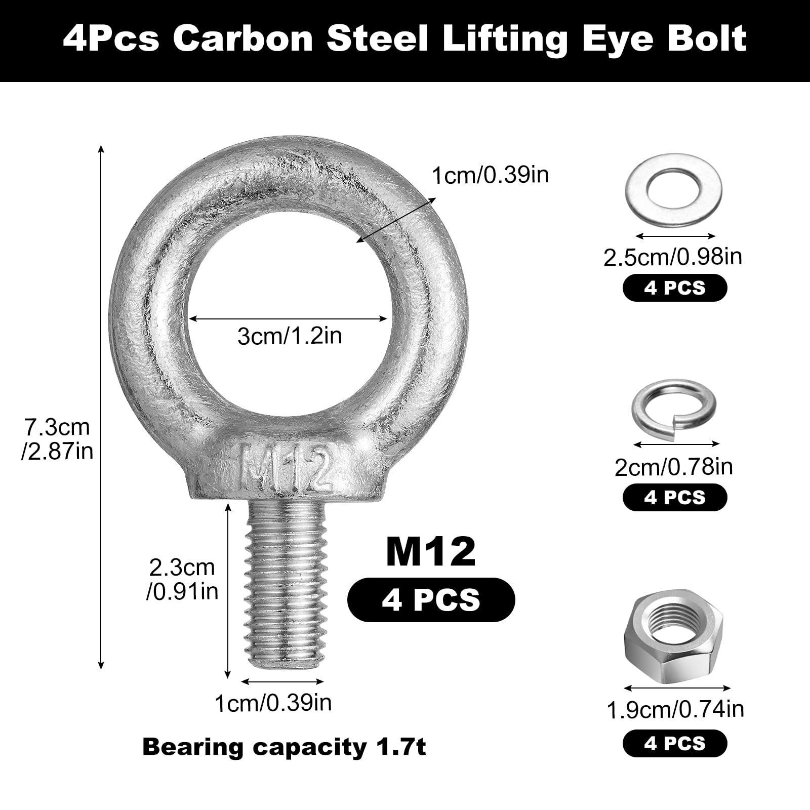 MirraSwit 4Pcs M12 Eyebolt with Nut, Lifting Ring Eye Bolts - Image 2