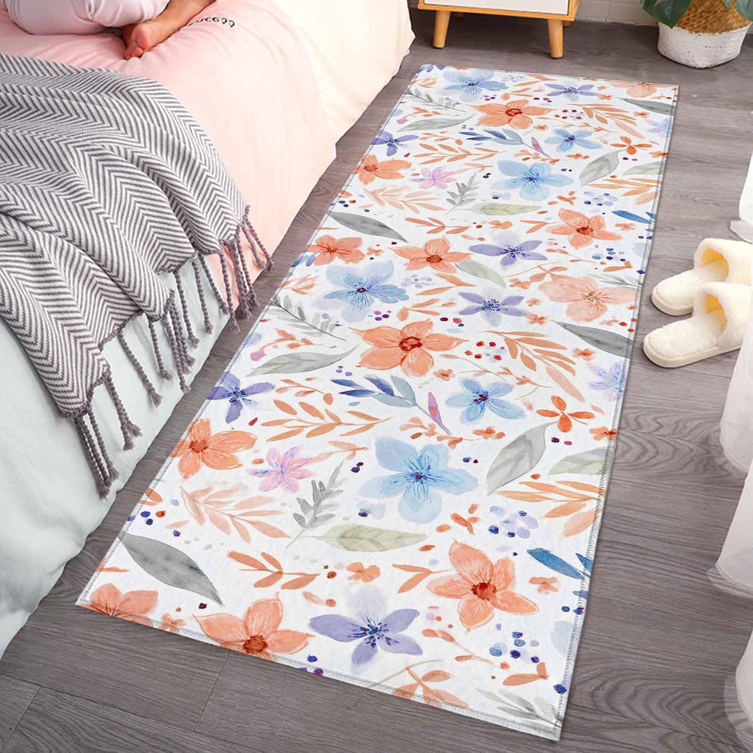 Teamery Kitchen Mats for Floor Watercolor Orange Blue Flower Leaves Washable Non Slip Kitchen Rugs 1PCS, Spring Summer Plants Absorbent Standing Mats for Sink Bathroom Office Living Room 23.6x70.9in