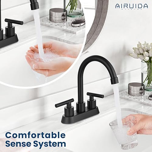 Miniatura 9 de Airuida Grifo de baño central de 4 pulgadas, grifo de lavabo de baño de 2 asas, grifo de tocador de baño de dos agujeros con drenaje emergente, 2
