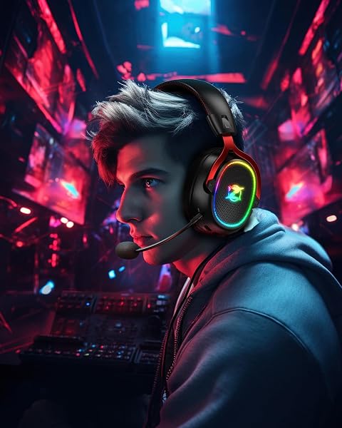 Marque : Ozeino Ozeino OW310 Casque Gaming sans Fil pour PS5, PS4, PC, 7.1 Son Surround, Micro Détachable à Réduction de Bruit, 35H d'Autonomie, Haut-Parleur de 50mm, Lumière RGB, Casque Ultra-Léger de 250g, Nior in use