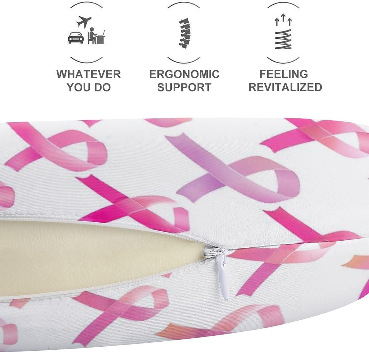 Breast Cancer Ribbon Travel Pillow U Shape Neck Pillow Washable Pillowcase for Sleeping Chair