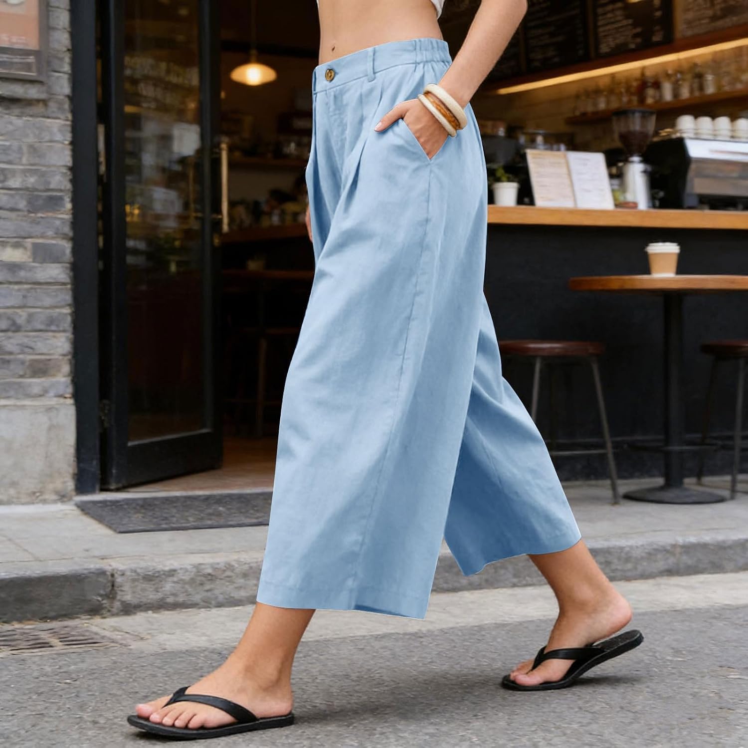 Cotton Linen Capris Pants for Women Summer Casual Loose High Waist Wide Leg Lounge Beach Vacation Cropped Trousers
