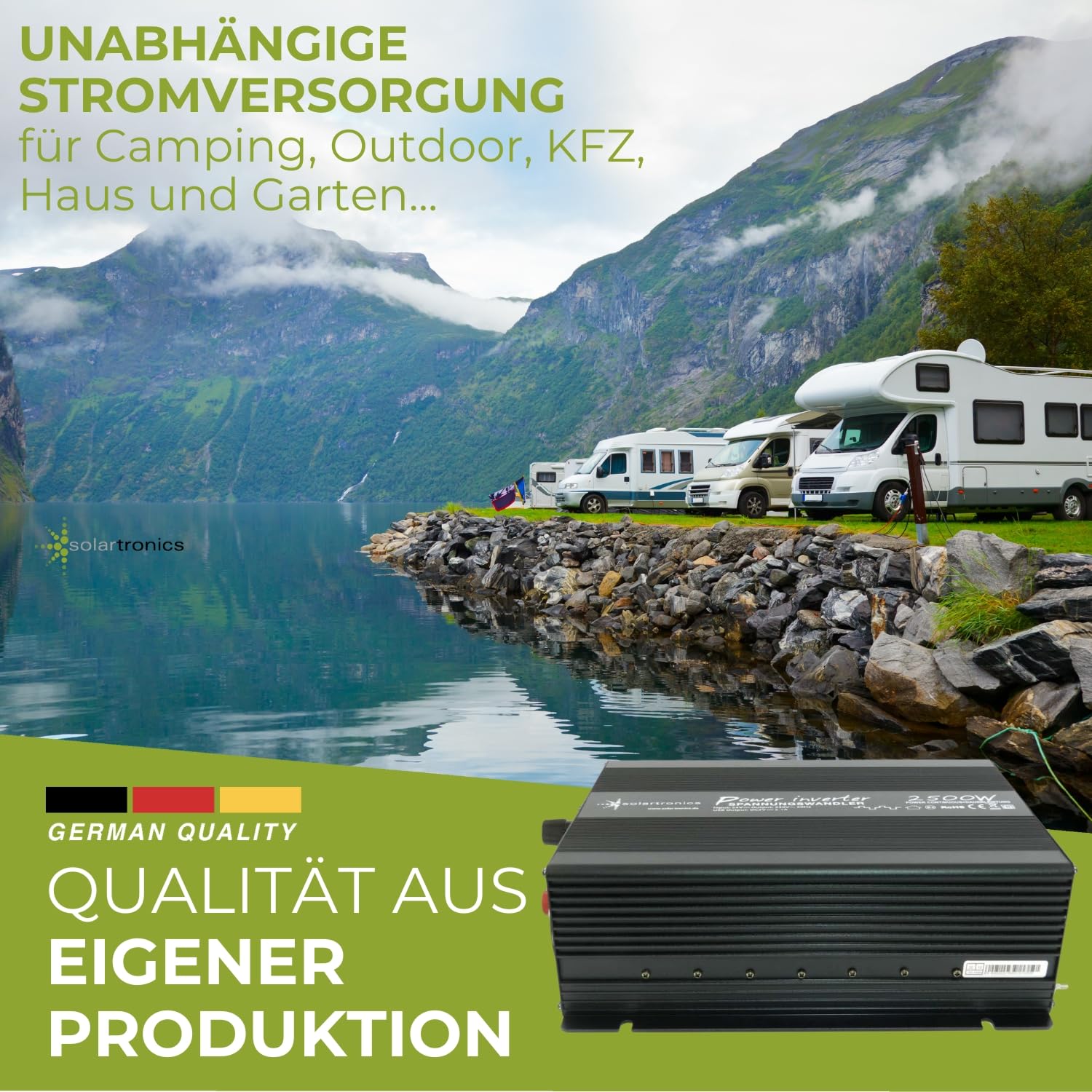 SOLARTRONICS NM2500 Spannungswandler 24V 230V modifizierter Sinus 2500W - 5000W Spitzenleistung - Wechselrichter 24V auf 230V Stromwandler mit Schuko-& USB Anschluss Solar Inverter Umwandler