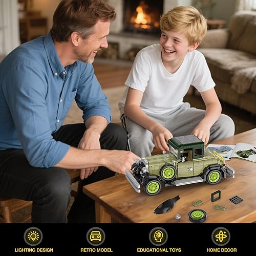 Miniatura 6 de Juego de construcción de modelo de automóvil clásico vintage con luz para adultos, niños y niñas (1297 unidades), modelo de autos antiguos,
