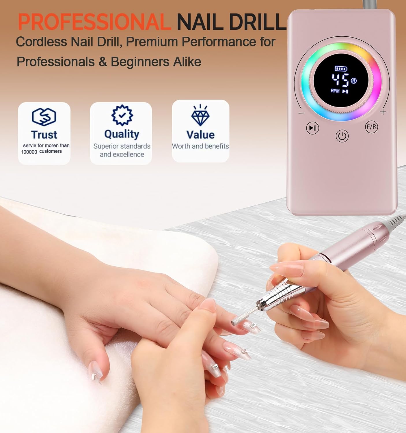 45000RPM Electric Nail Drill with EVA Case & Holder, Professional Rechargeable Nail File Machine with 2×2000mAh Battery 13 Drill Bits ,Cordless Efile Kit for Manicure Pedicure Salon Home