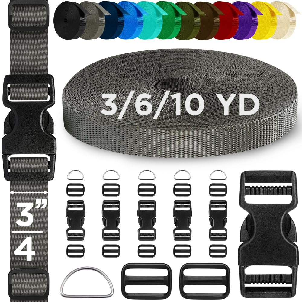 TECEUM Buckles & Strap Kit – 3/4" Charcoal Nylon Webbing 6 (yd) – 6 Heavy Duty Adjustable Plastic Buckles – 12 Tri-Glide Slide Clips – 6 Metal D-Ring