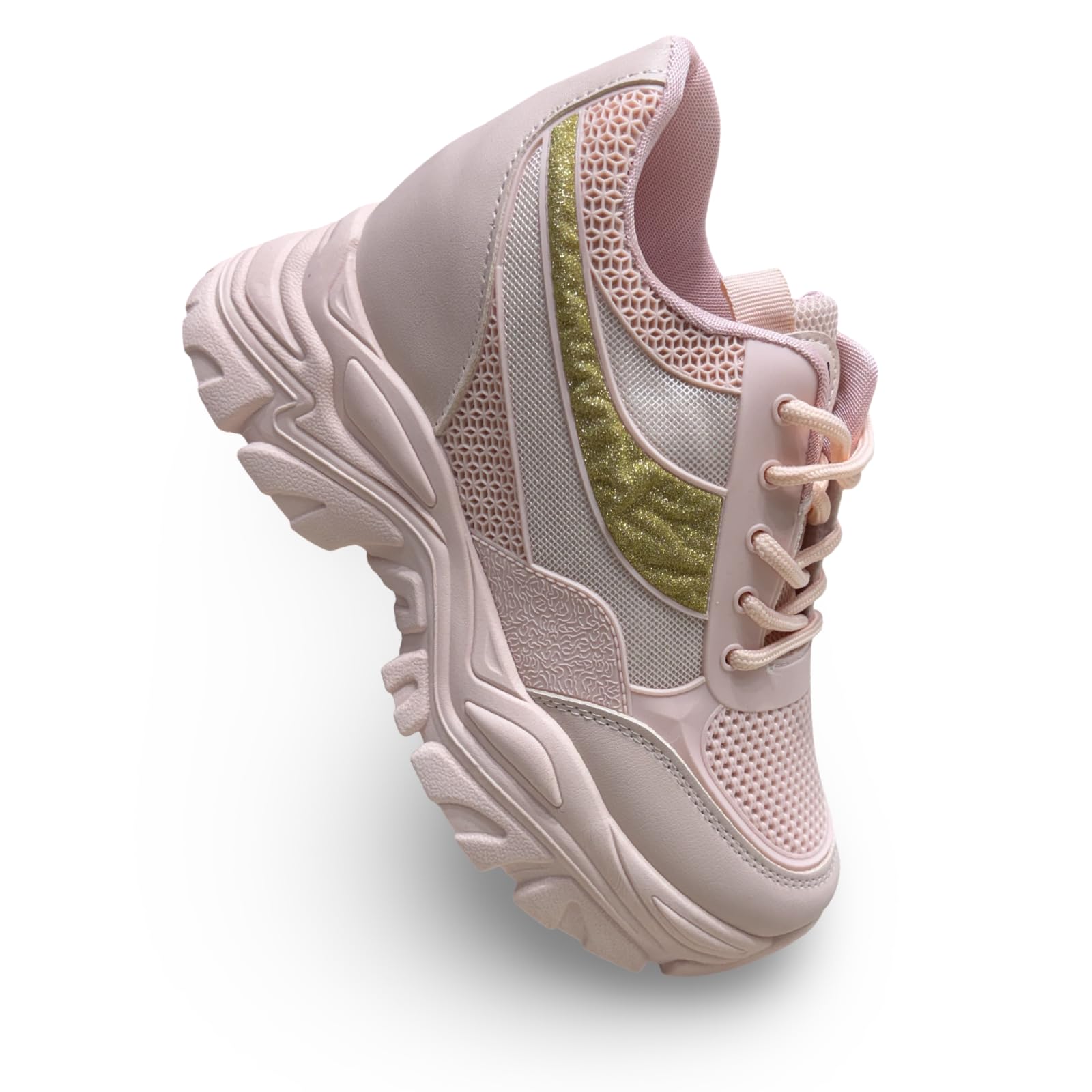 N P Style Women's Platform Sneakers with Gold Glitter Detail, Chunky Sole, Mesh Upper, Pink and White-picture-26