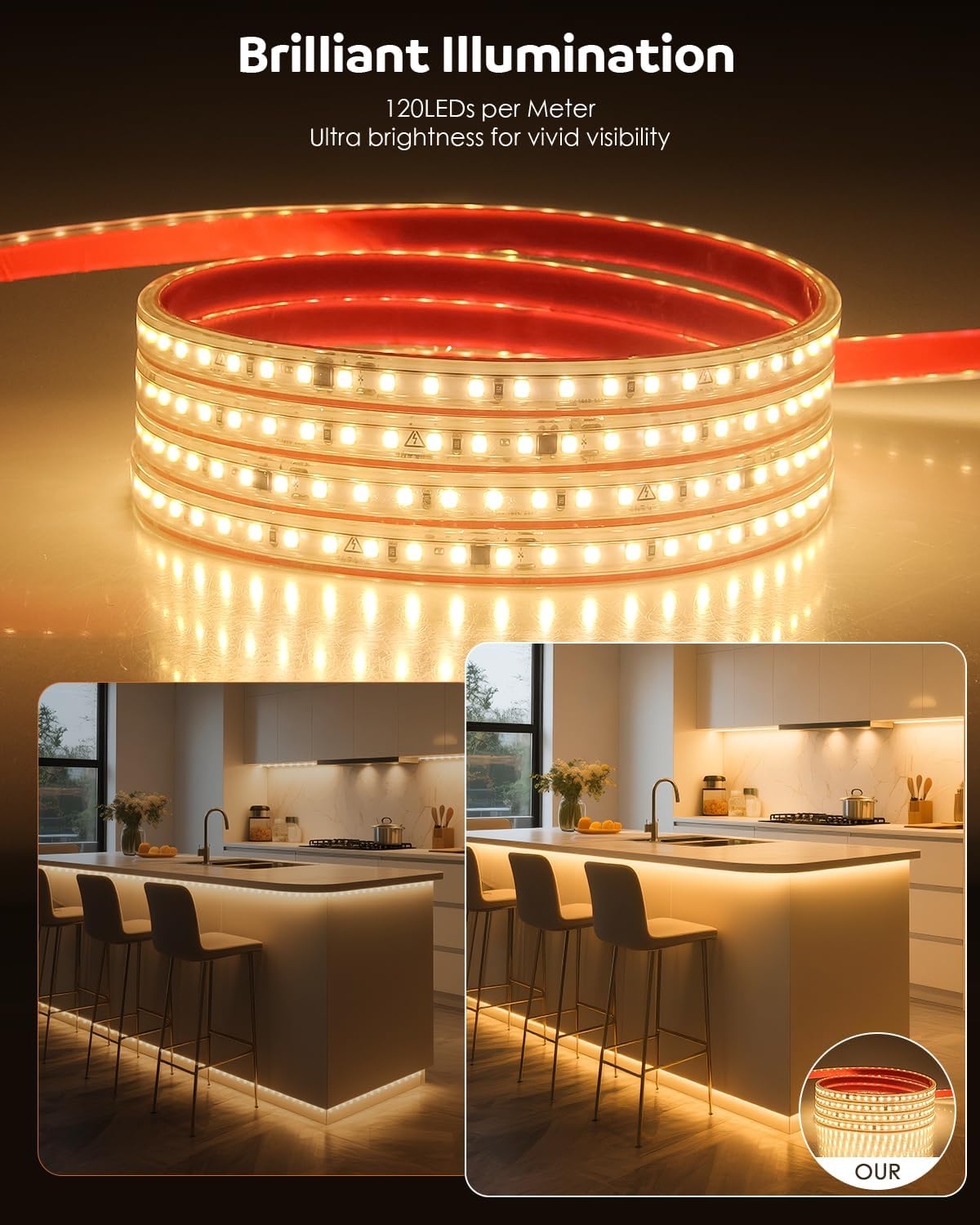 Aclorol LED Strip Lights Outdoor Waterproof 16.4FT 110V Warm White 3000K image 4
