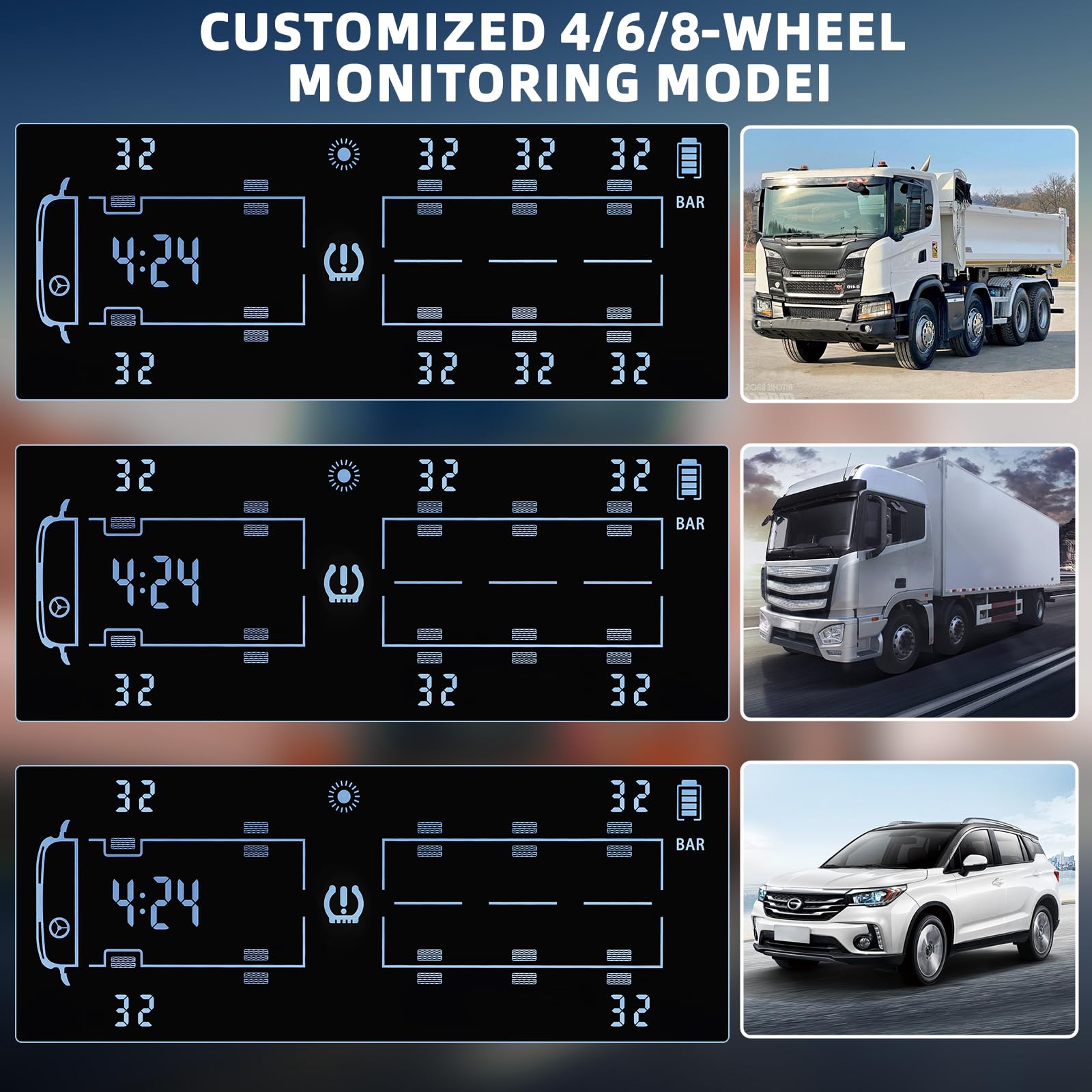 TPMS Solar Sistema de Control de Presión de Neumáticos con 8 Sensor de Externos con Repetidor para LKW Van Camion, Aviso de Presión de Neumáticos, 13Bar/188PSI