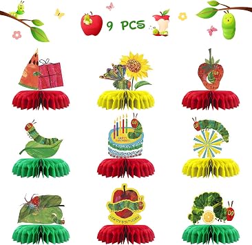 INNORU Green Caterpillar Table Honeycomb Centerpieces, Cartoon Theme Birthday Honeycomb Table Toppers Kids Reading Story Party Table Decorations Favor Photo Booth Props 9 PCS