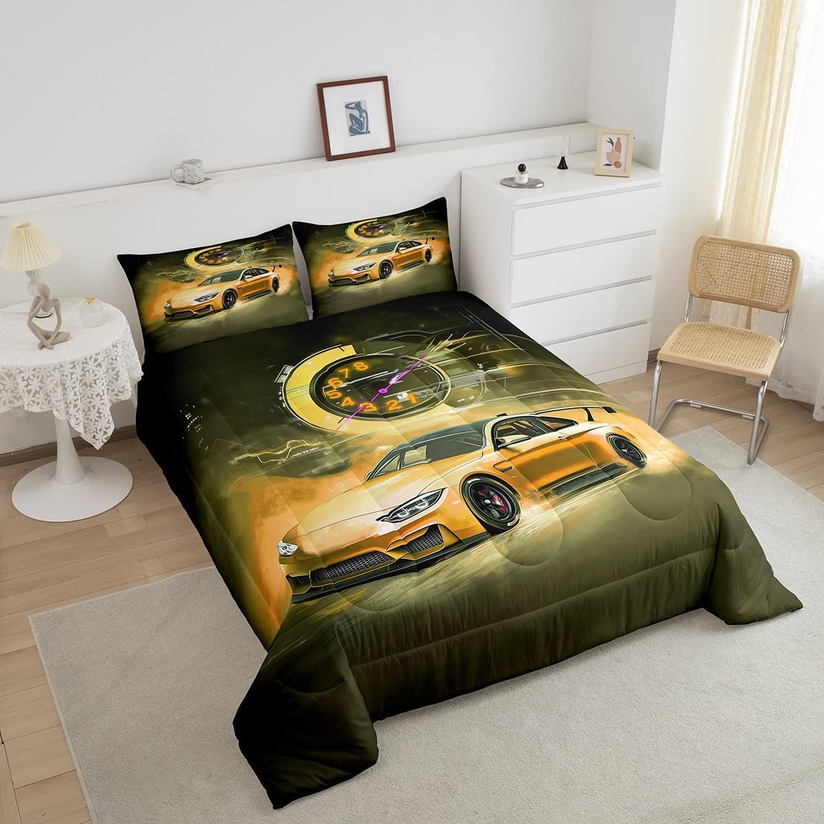Erosebridal Twin Comforter Set for Boys, Toddler Race Car Bed for Boys Sports Car Comforter Set Extreme Sport Vehicle Quilt Speed Racing Car Duvet Insert,Orange