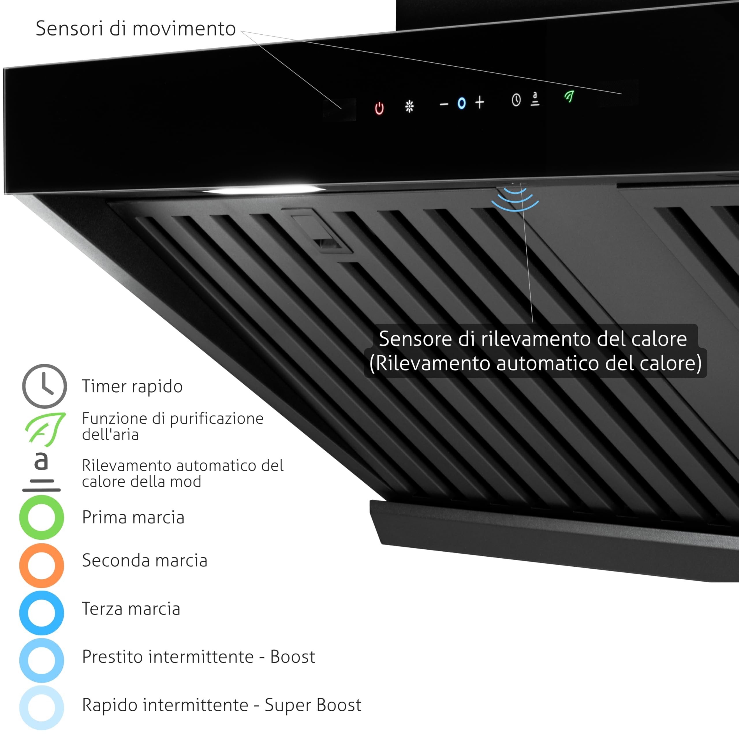 Kori 60 KPKR60WB Cappa a Parete 60 cm, 800 m³/h, Classe A+++, Gesture & Touch, Telecomando, Sensore Calore, Filtri Baffle, Boost/Super Boost, Nero Opaco