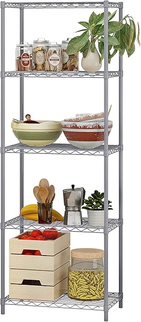 COZYFUN Shelving Unit, 5-Tier Stainless Steel Wire Shelf Unit, Multipurpose Metal Kitchen Storage Unit, Shelving Units for Storage Shelves for Bathroom, Livingroom,Garage, 21W x 14D x 61H (Silver)