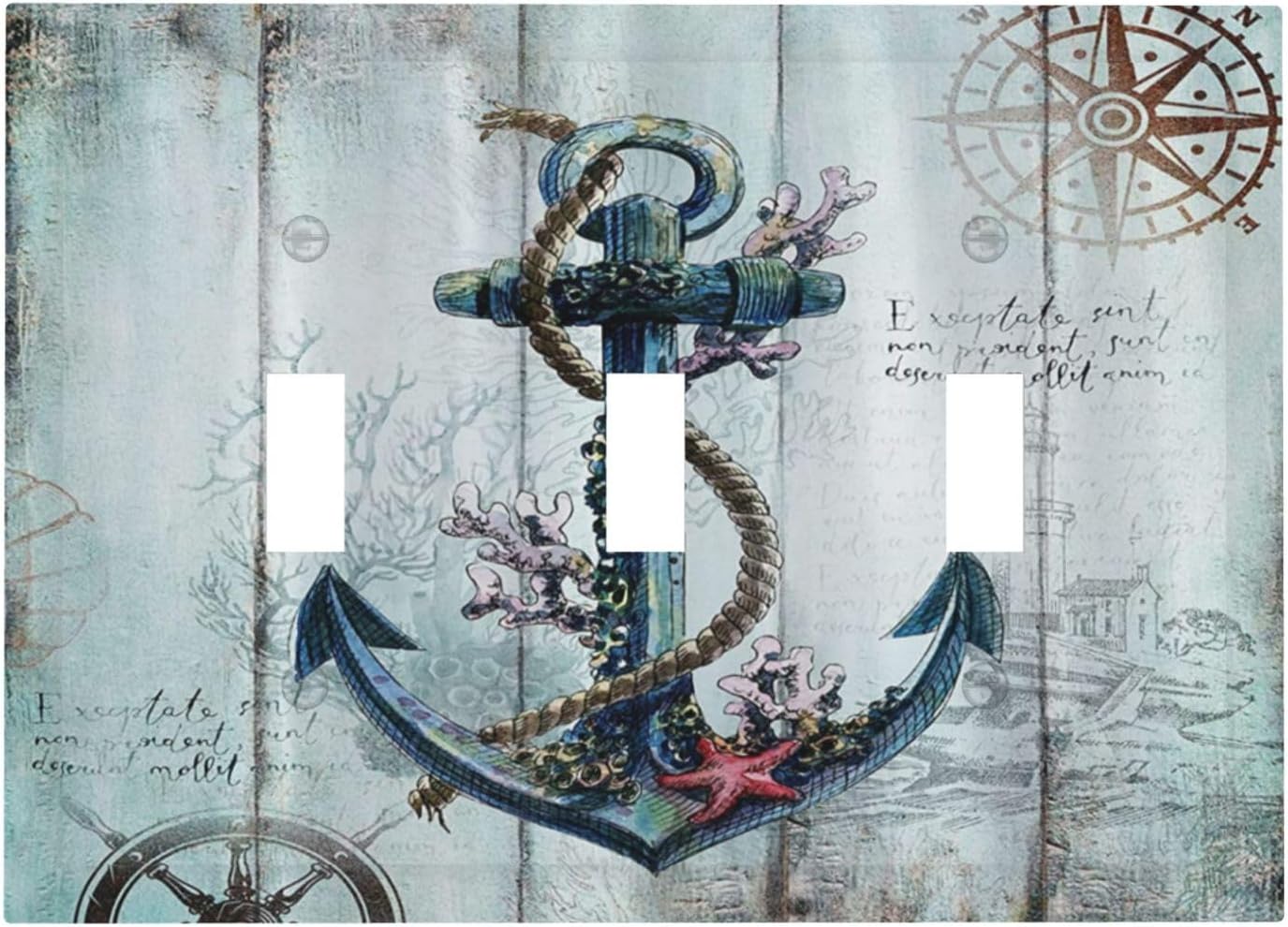 Nautical Anchor Vintage Blue Wood Planks Print Triple Toggle Light Switch Cover Decorative 3 Gang Wall Plate Rudder Coral Rustic Electrical Device Switchplate Faceplate for Farmhouse Bathroom