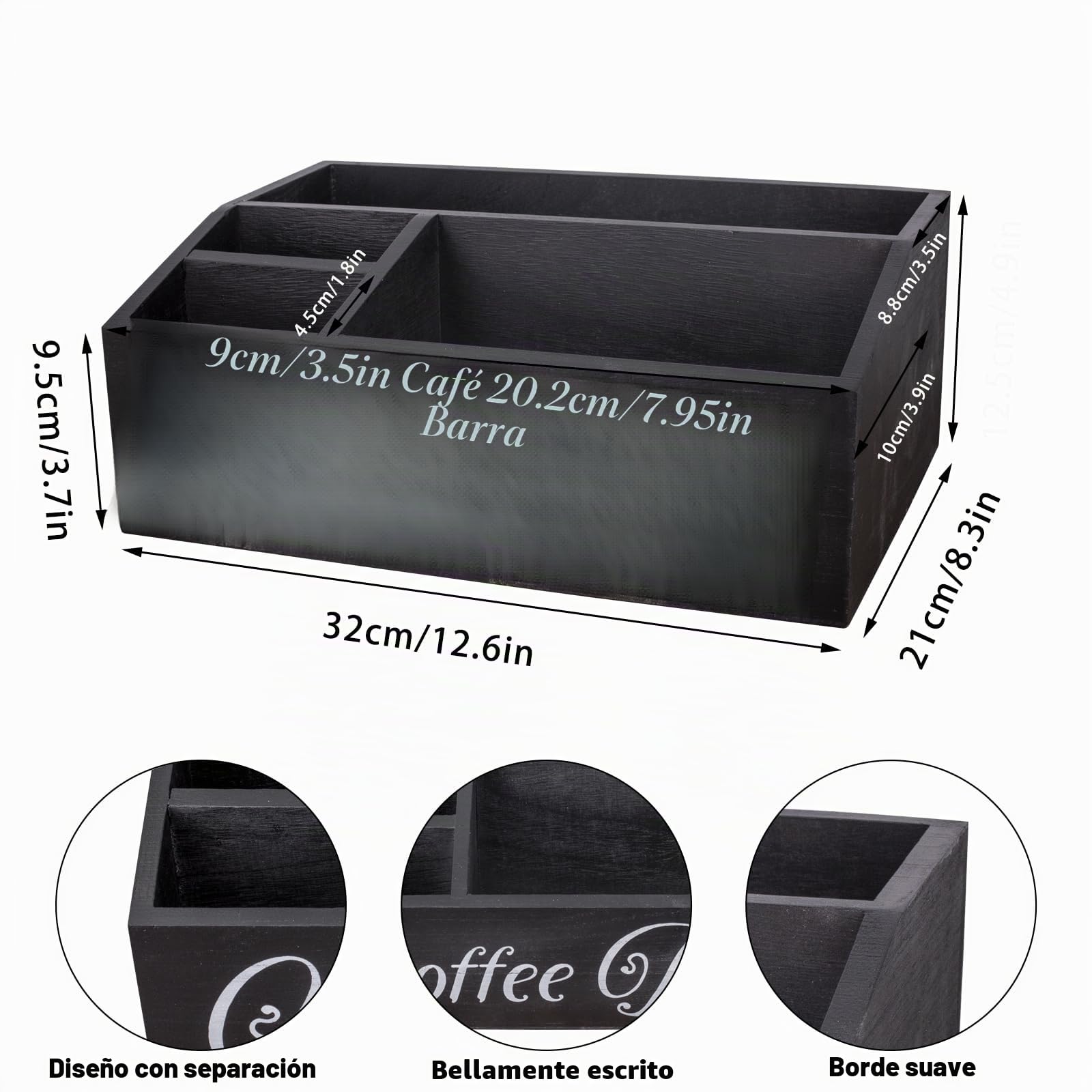 Organizador de Café y Té-Caja de Madera para Accesorios de Cafetera-Caja Infusiones -Caja de Te -Bandeja con de madera 4 Compartimentos para Infusiones Azucarillos Tazas Cápsulas (Negro)