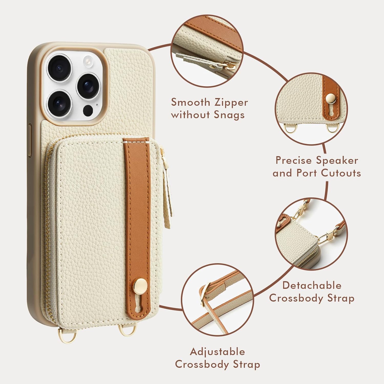 LAMEEKU for iPhone 15 Pro Max Wallet Case with Credit Card Holder, Zipper Leather Crossbody Case with Phone Grip Holder Stand for Women for iPhone 15 Pro Max 6.7 inch Beige - Image 5