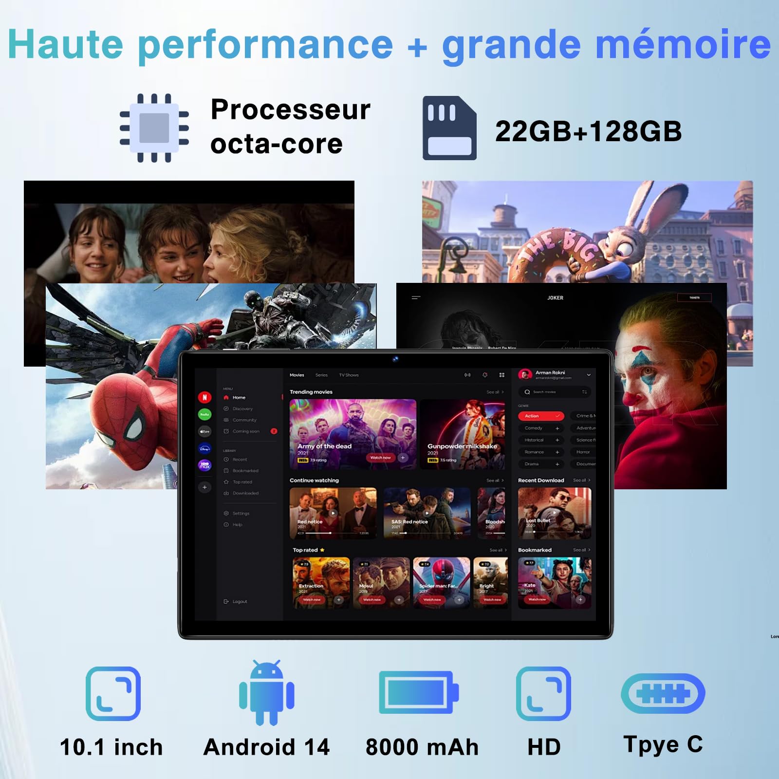 Tablets Android 14 10 Pollici 22GB RAM+128GB ROM(1TB TF), Octa-Core 2.0Ghz, 5G+2.4G WiFi, Bluetooth 5.0, GPS, 8MP + 5MP,Widevine L1, Tipo C, OTG, Cast, Tablet PC con Custodia, Tastiera e Mouse, Nero