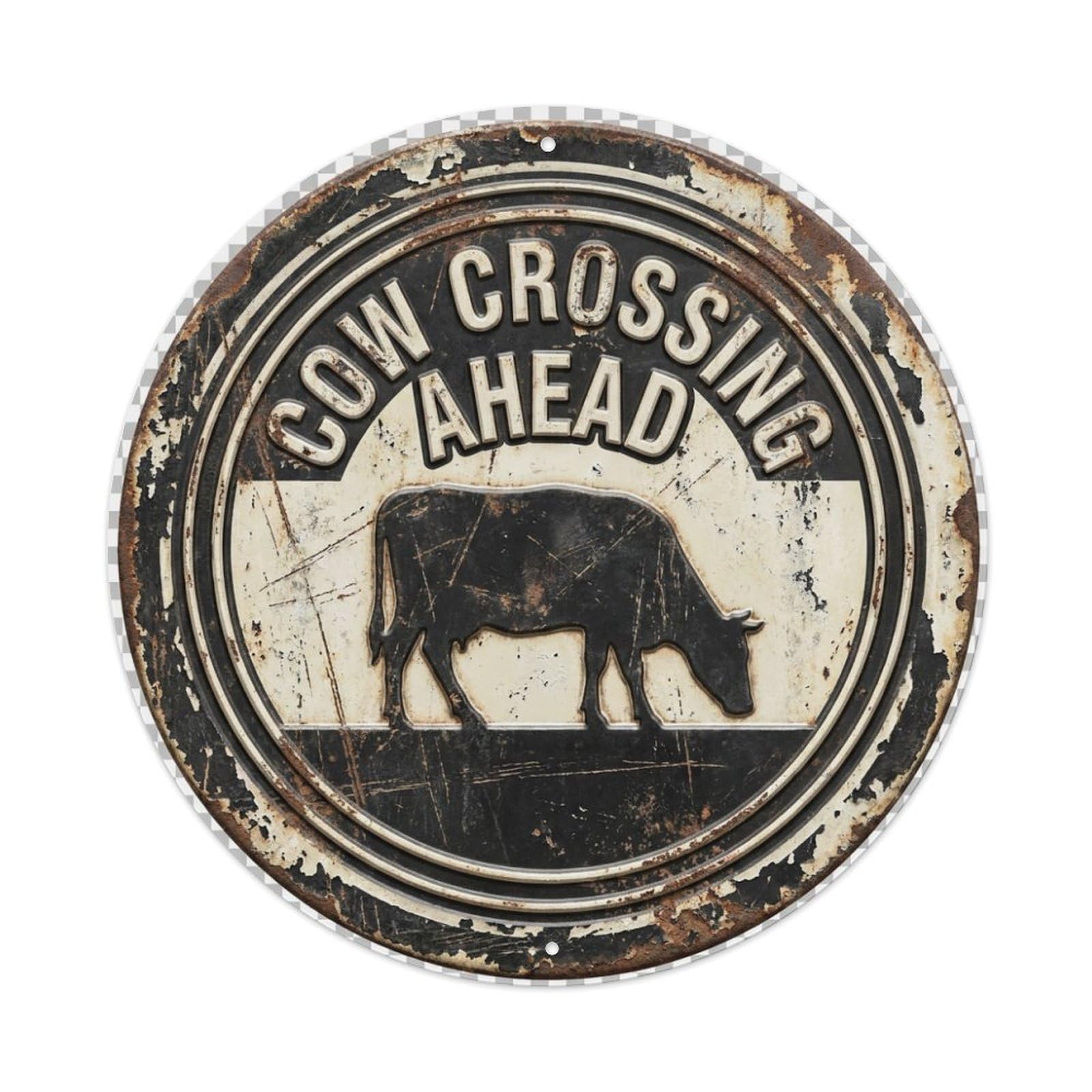 Cow Crossing Ahead Vintage Metal Tin Sign Plaque Wall Decor for Cafe, Club Bar, Office, Home Garden Round Metal Poster 8x8Inch