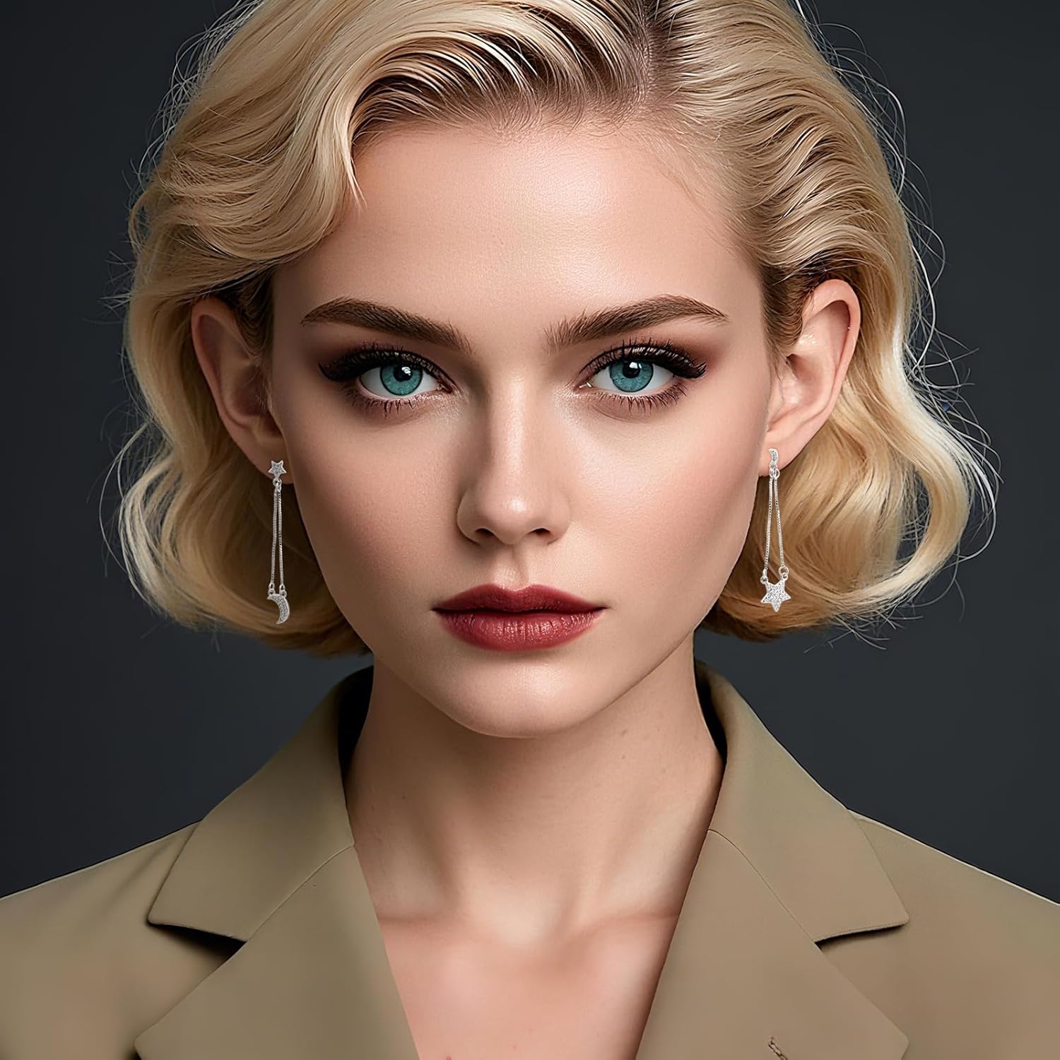 Silver Moon and Star Dangle Earrings for Women with Cubic Zirconia Asymmetrical Long Chain Tassel Earrings for Celestial Jewelry - Image 3