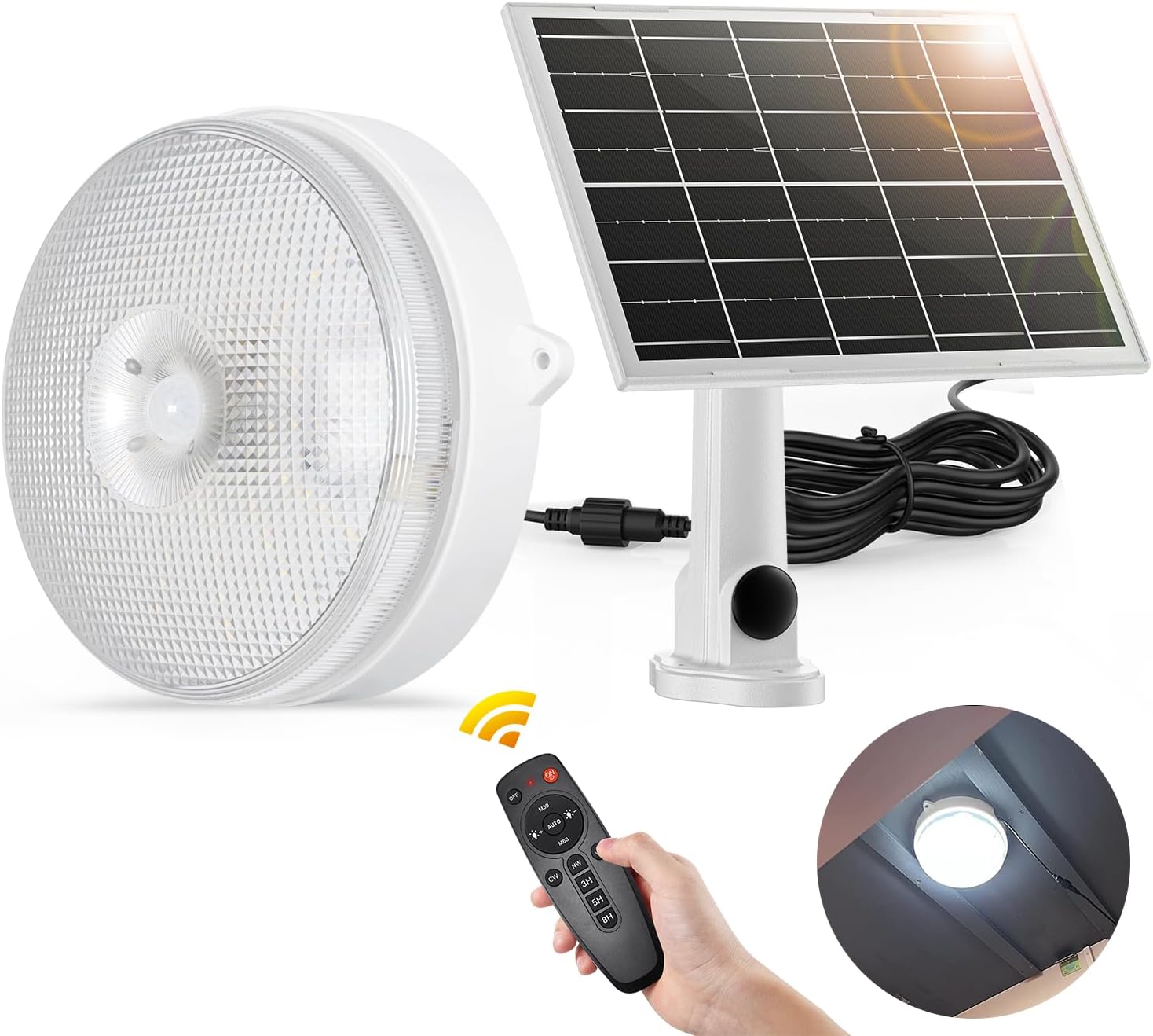 Solar Ceiling Light-Motion Sensor, 30S/60S Timer & 4 Modes & Tricolor, Daytime & Dimmable with Remote & ON/Off Switch, Waterproof Indoor/Outdoor Solar Shed Lights for Barn/Porch/Chicken Coop