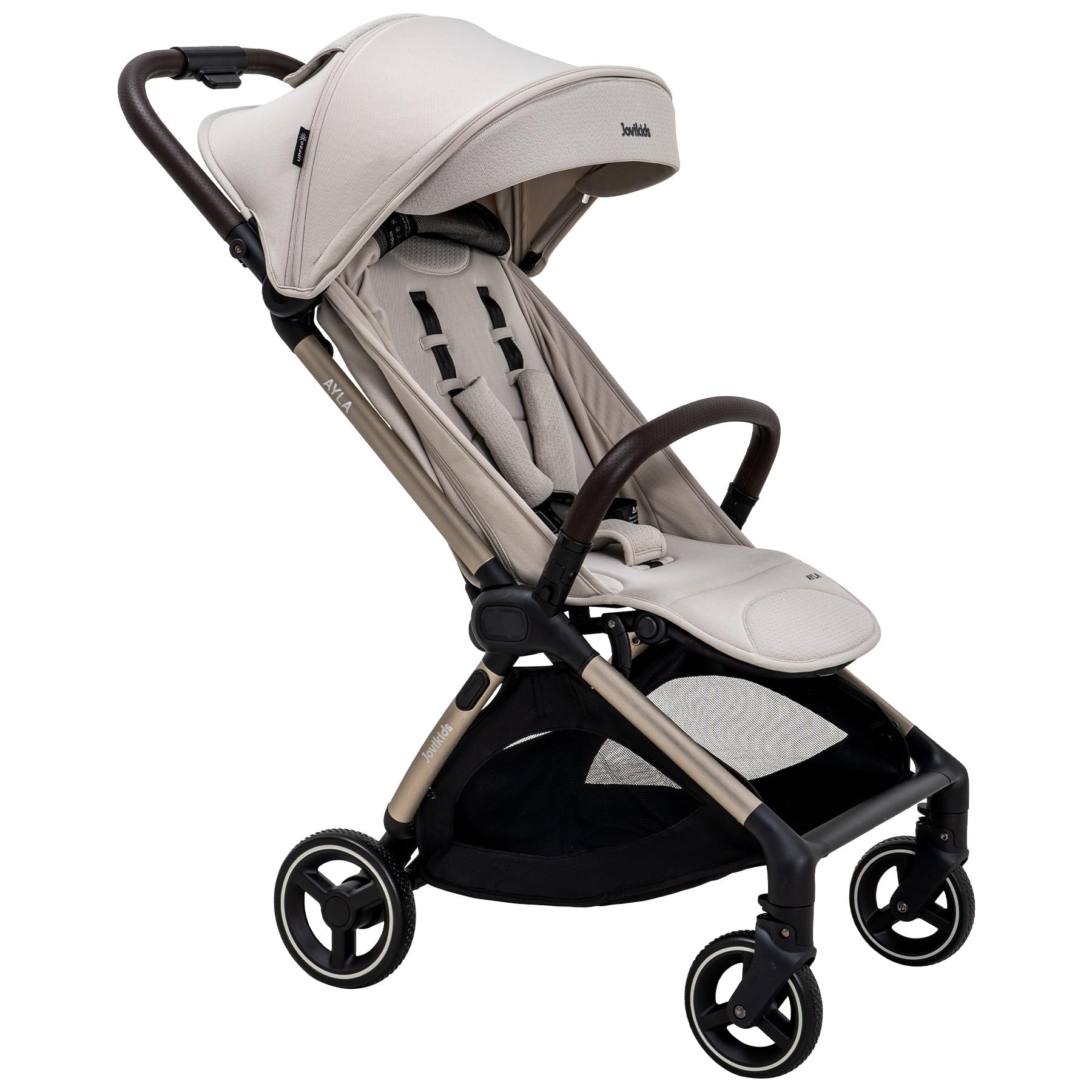 Jovikids Ayla One-Hand Fold Travel Stroller, Lightweight Compact Pram & Pushchair from Birth to 4 Years, All-Terrain Wheels with Rain Cover & Footmuff, Airplane Cabin Approved (Dawn Beige, Single)