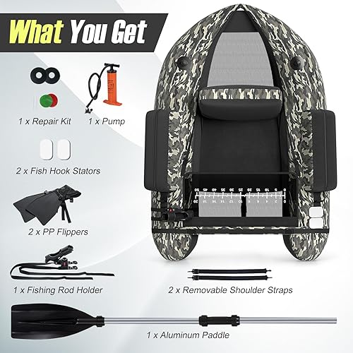 Miniatura 17 de GYMAX Tubo flotador de pesca, barco de pesca inflable de 350 libras con paleta, bomba, aletas, estatores de anzuelos, regla de pescado, bolsillos