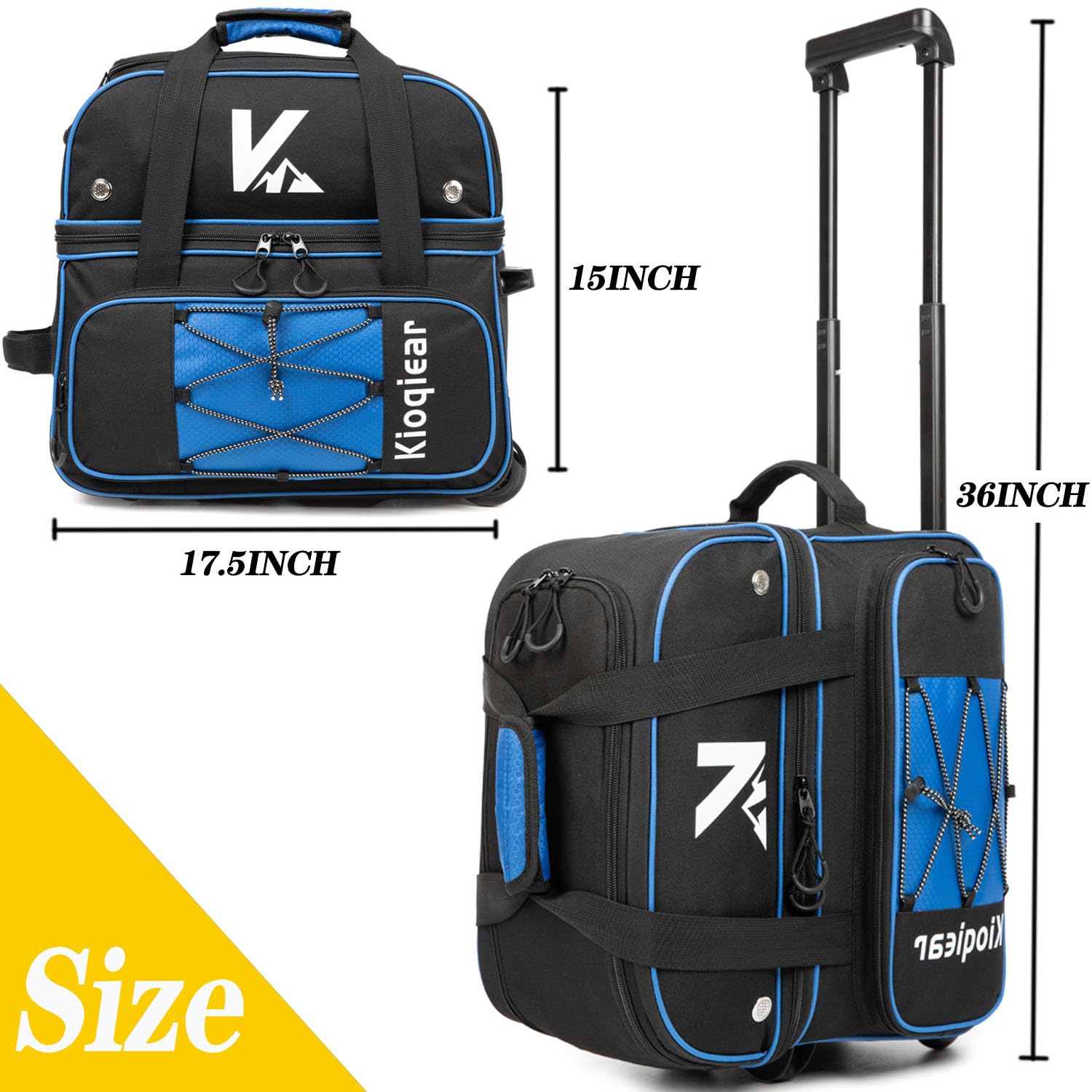 Bolsa de bolos de doble rodillo para 2 bolas con compartimento grande separado para zapatos y bolsillo de accesorios de gran tamaño, asa extensible de 36 pulgadas.