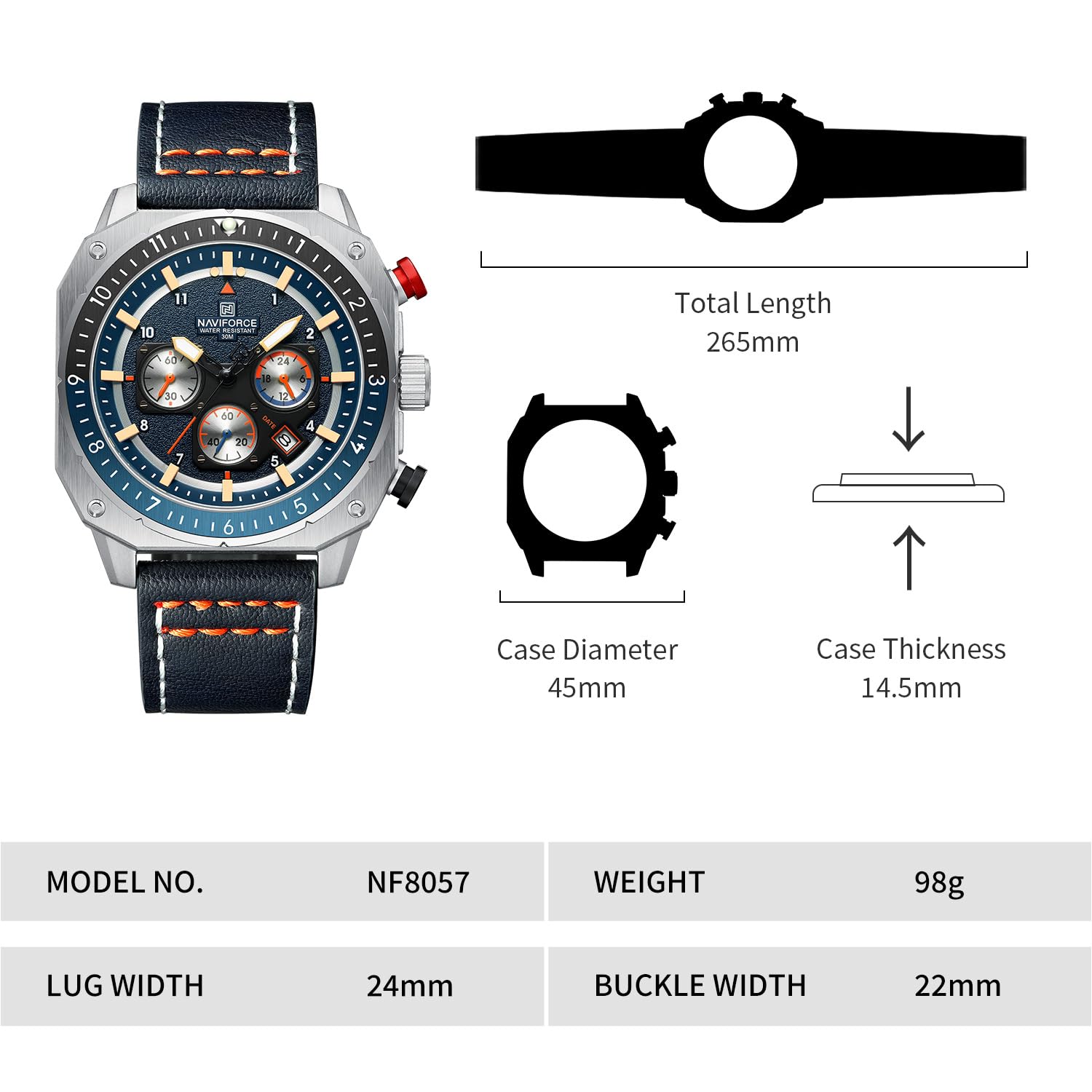 NAVIFORCE Men's Fashion Sport Watches Military Square Big Face Waterproof Chronograph Wristwatch with Luminous Hands,Leather Strap